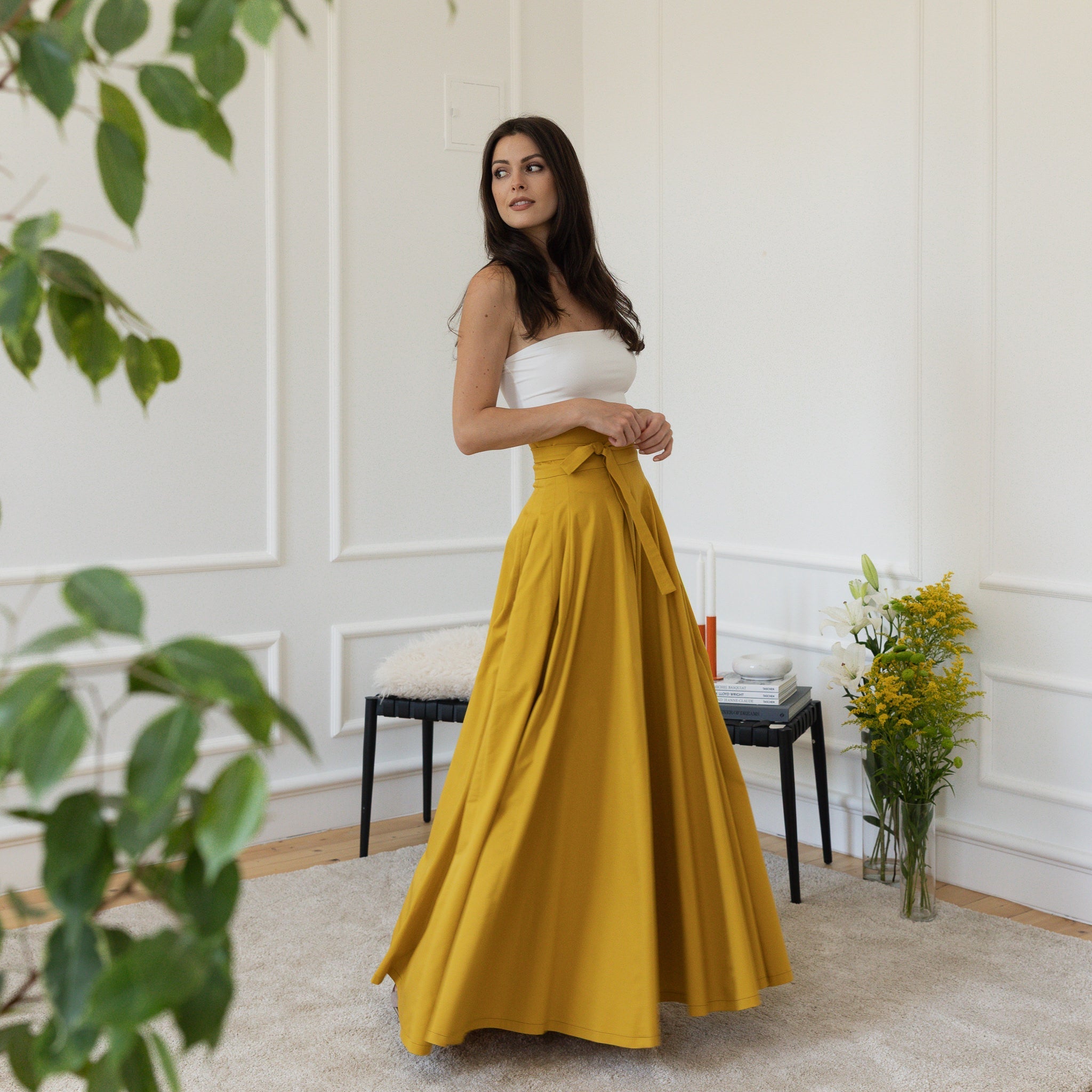 Maxi Floor Length A-Line Skirt with Ultra High Waist in Mustard Color - cotton vs linen skirt