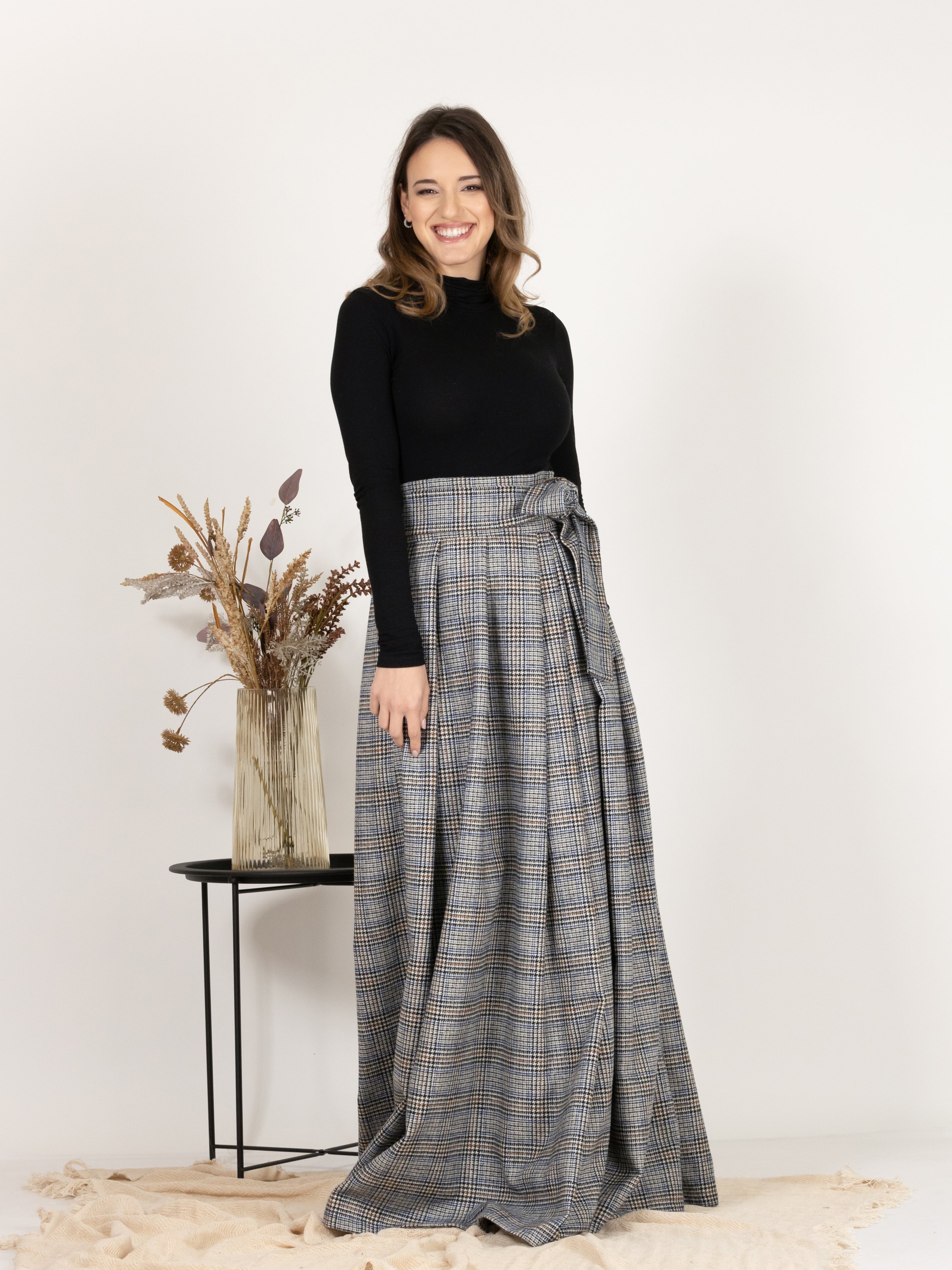 Front view of Plaid Wool Pleated Skirt with Ultra High Waist and Bow