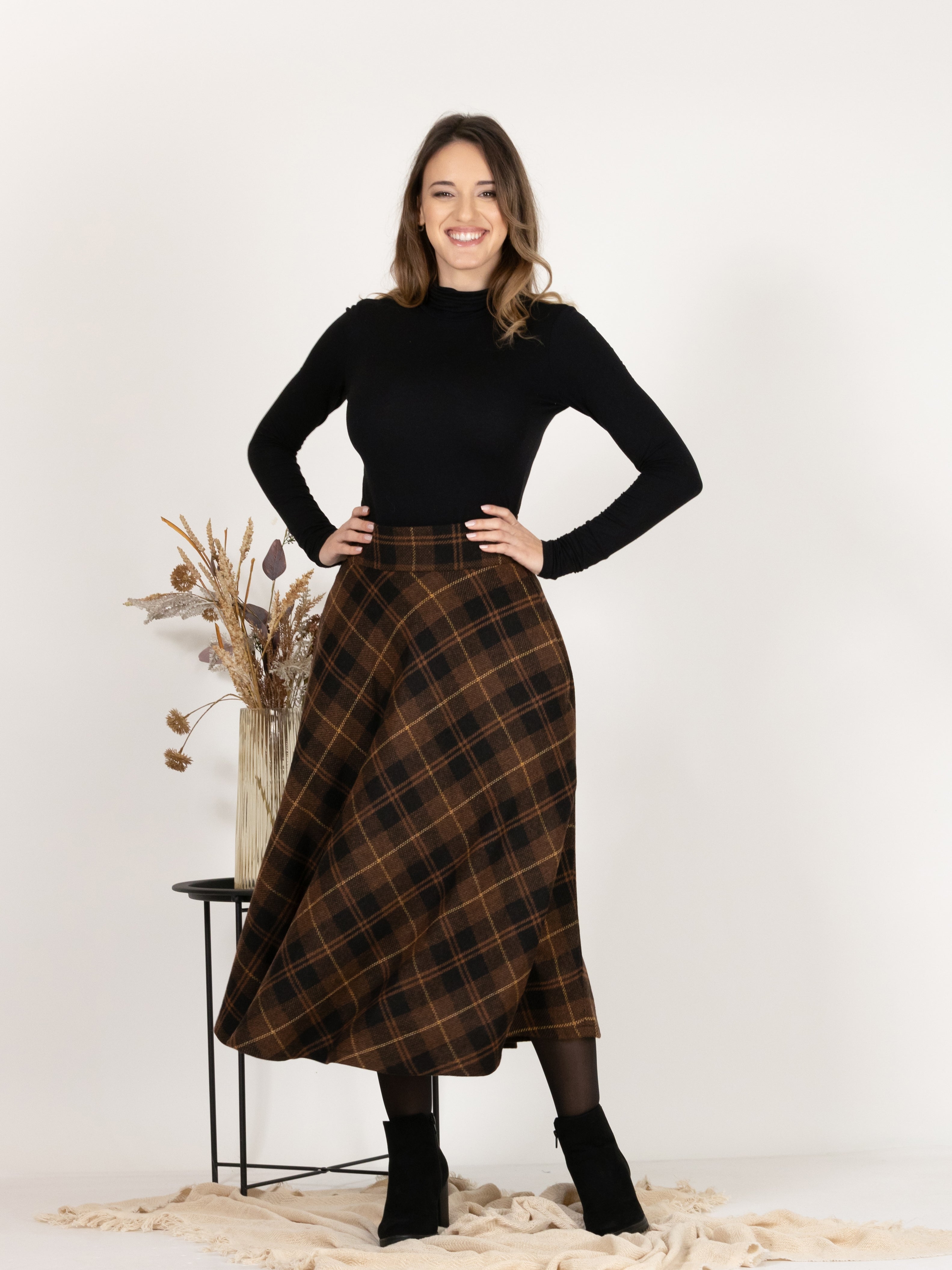 Front View of Midi Wool Plaid Skirt with High Waist and Pockets