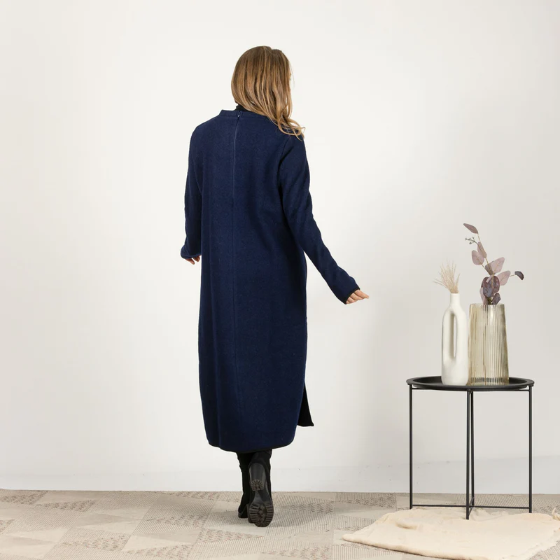 Back view of blue refined winter dress in wool blend