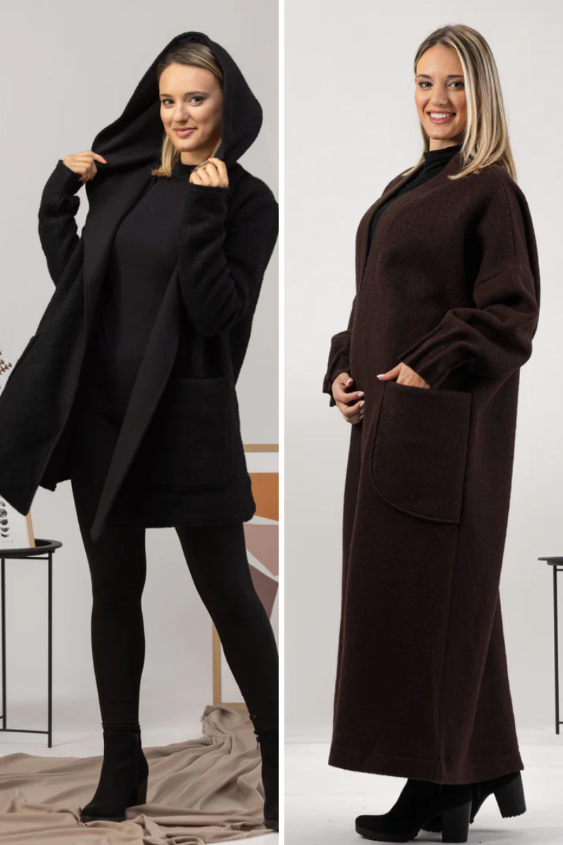 Hooded and Maxi Wool Cardigans folded together.