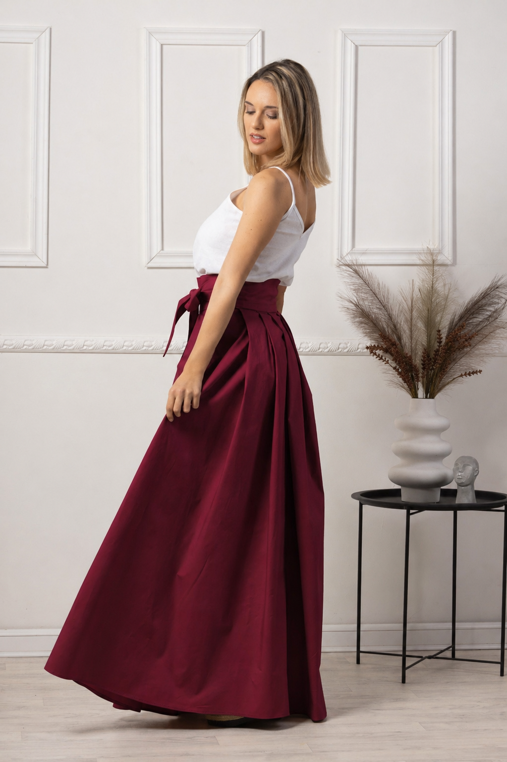 Side view of maxi cotton skirt