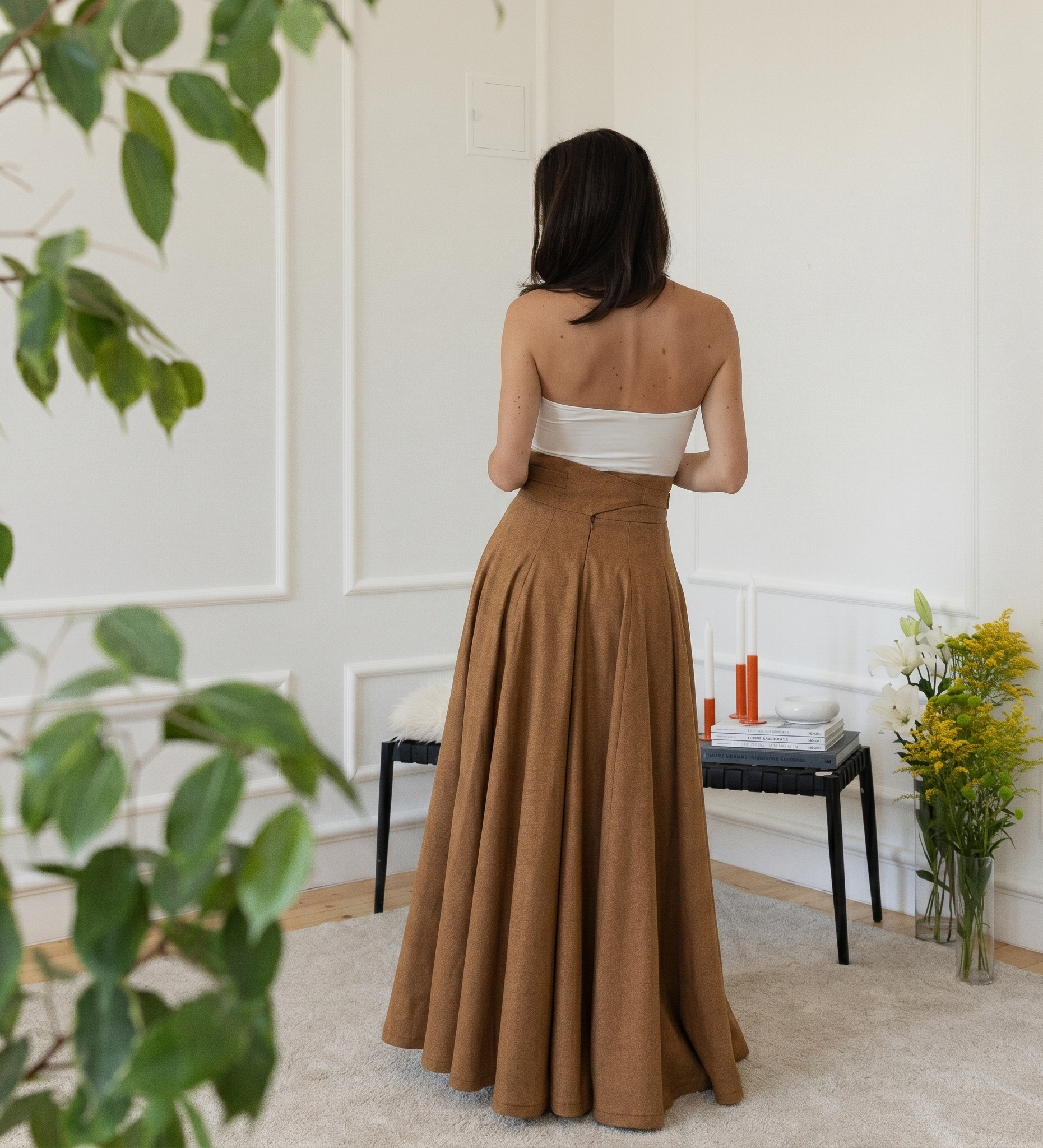 Back view of maxi cotton skirt in light brown