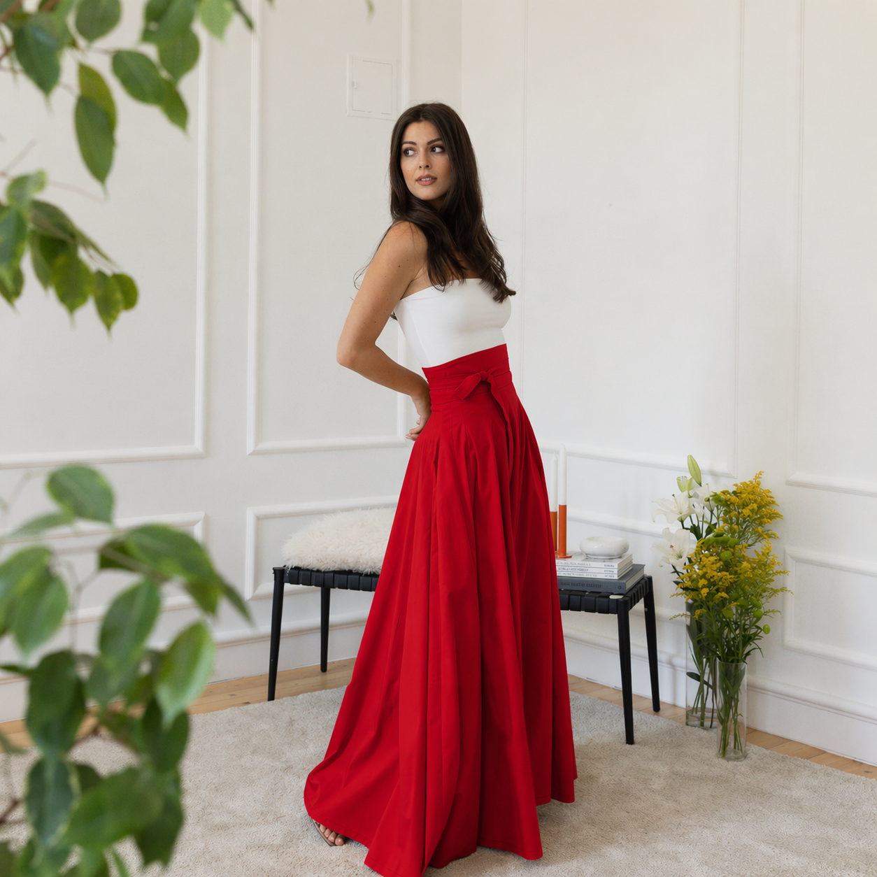 High waist red cotton skirt
