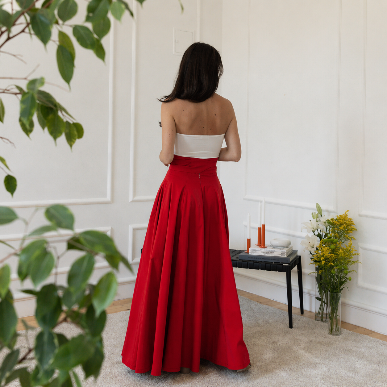 Back view of red cotton skirt