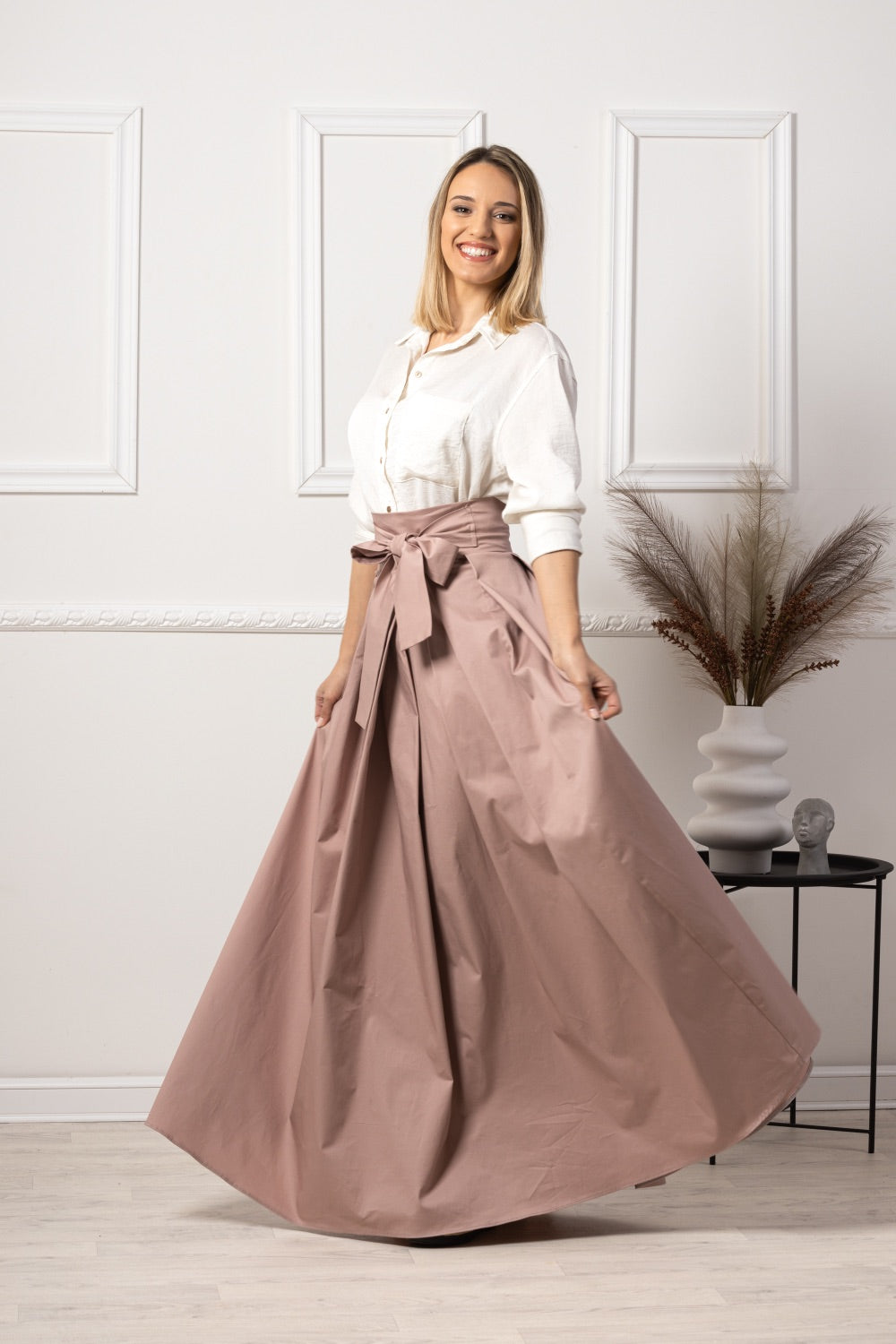 Pink High Waist Pleated Maxi Skirt with different color top - from NikkaPlace | Effortless fashion for easy living