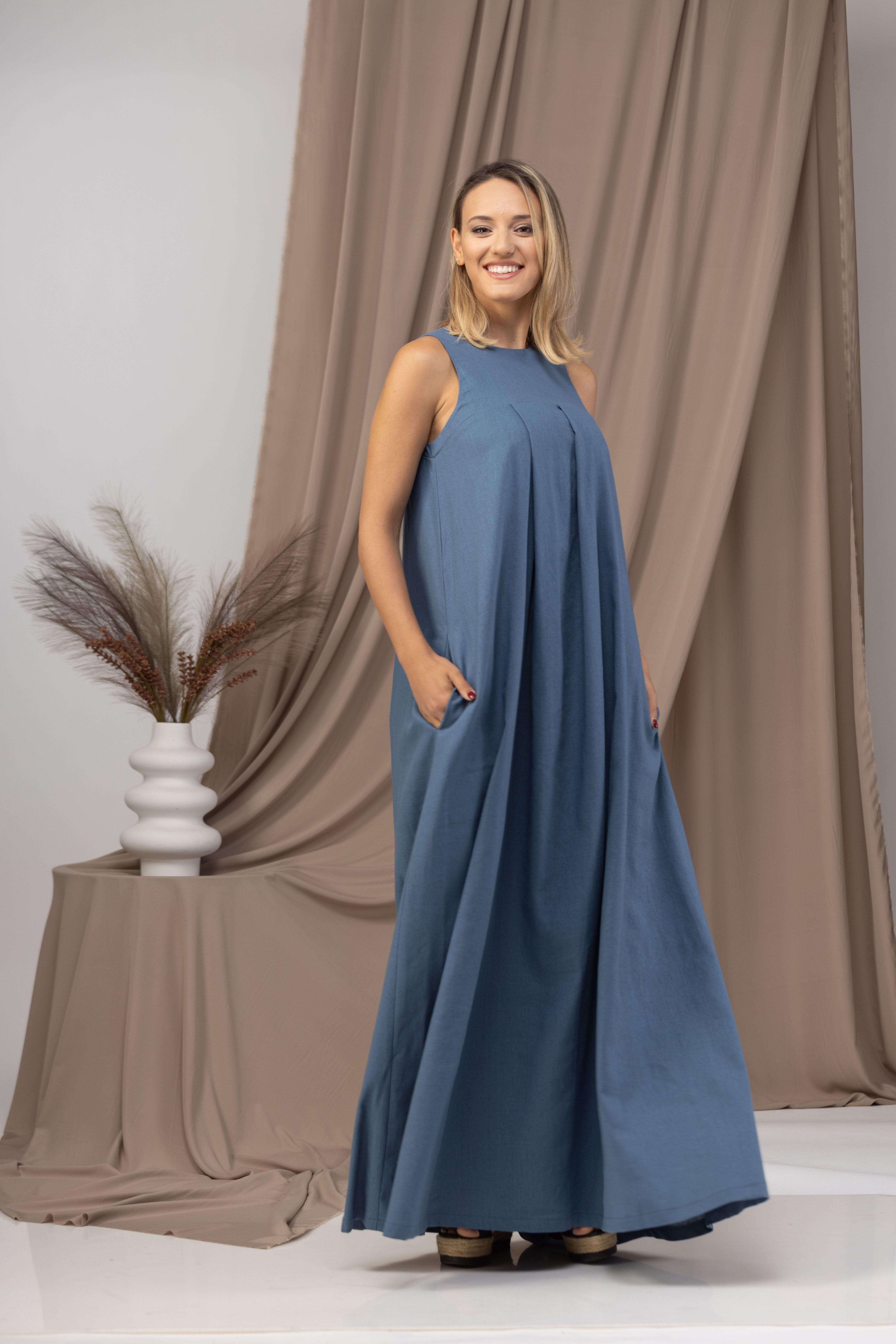 Slate blue linen maxi dress