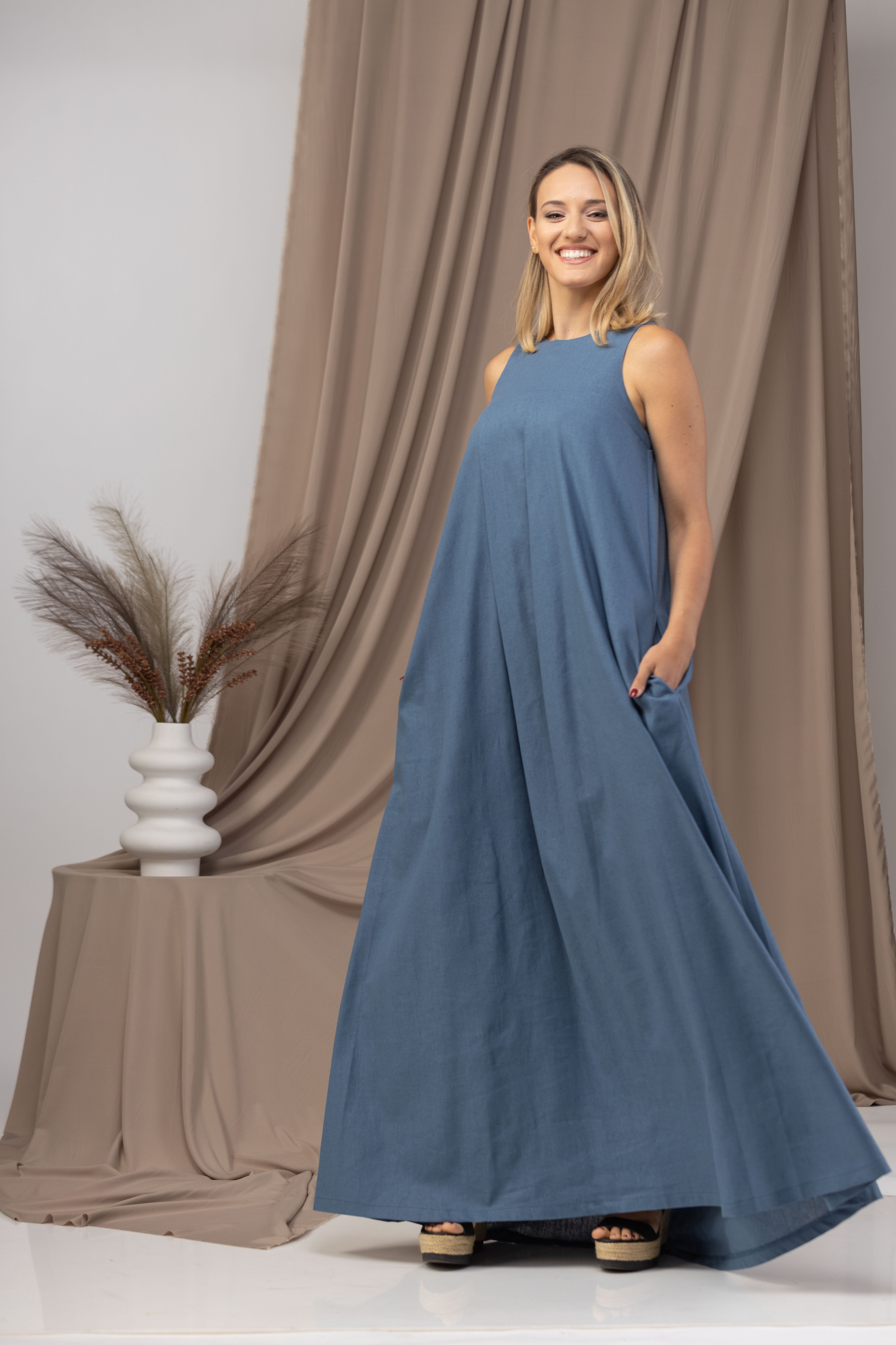 Relaxed blue linen summer dress