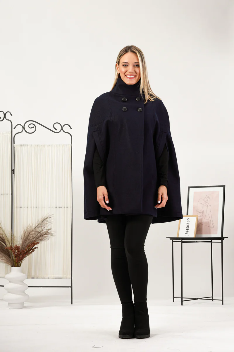 Black Buttoned wool poncho coat