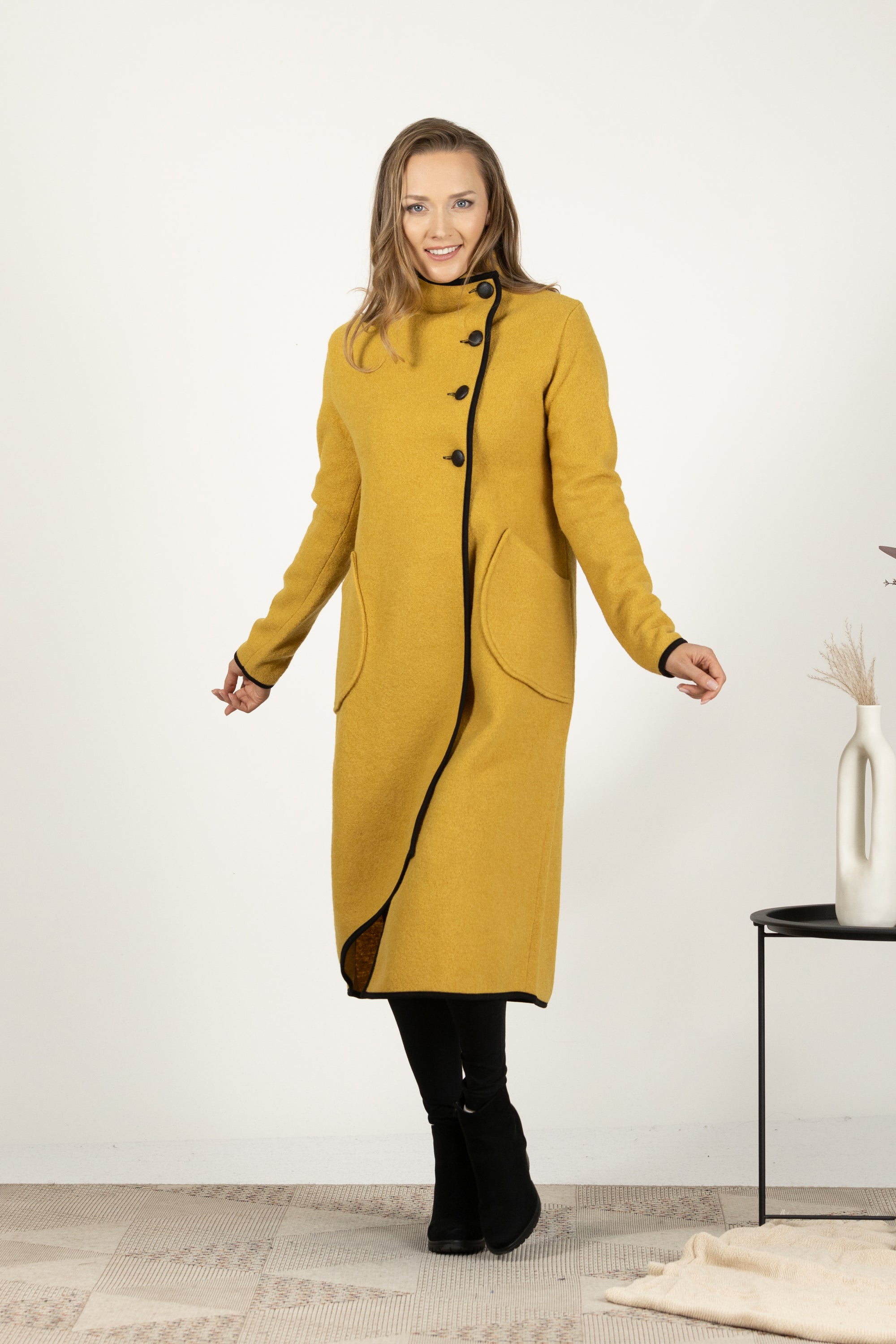 Elegant yellow boiled wool coat with high neck design
