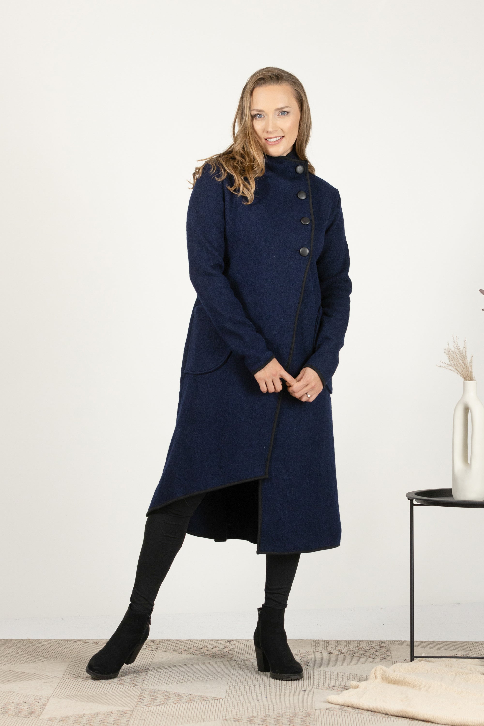 Dark blue boiled wool coat with high collar