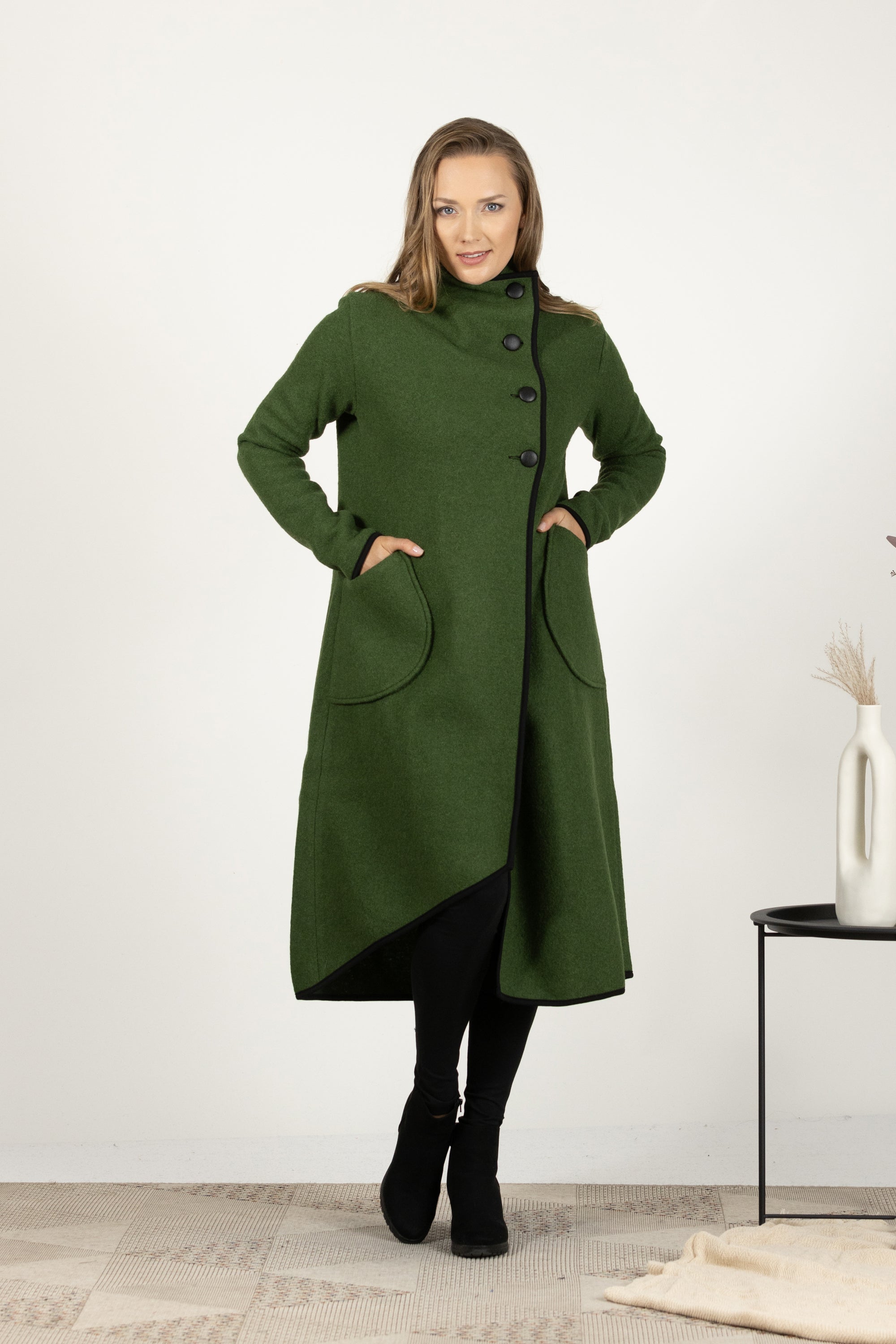 Dark green wool coat with classic silhouette