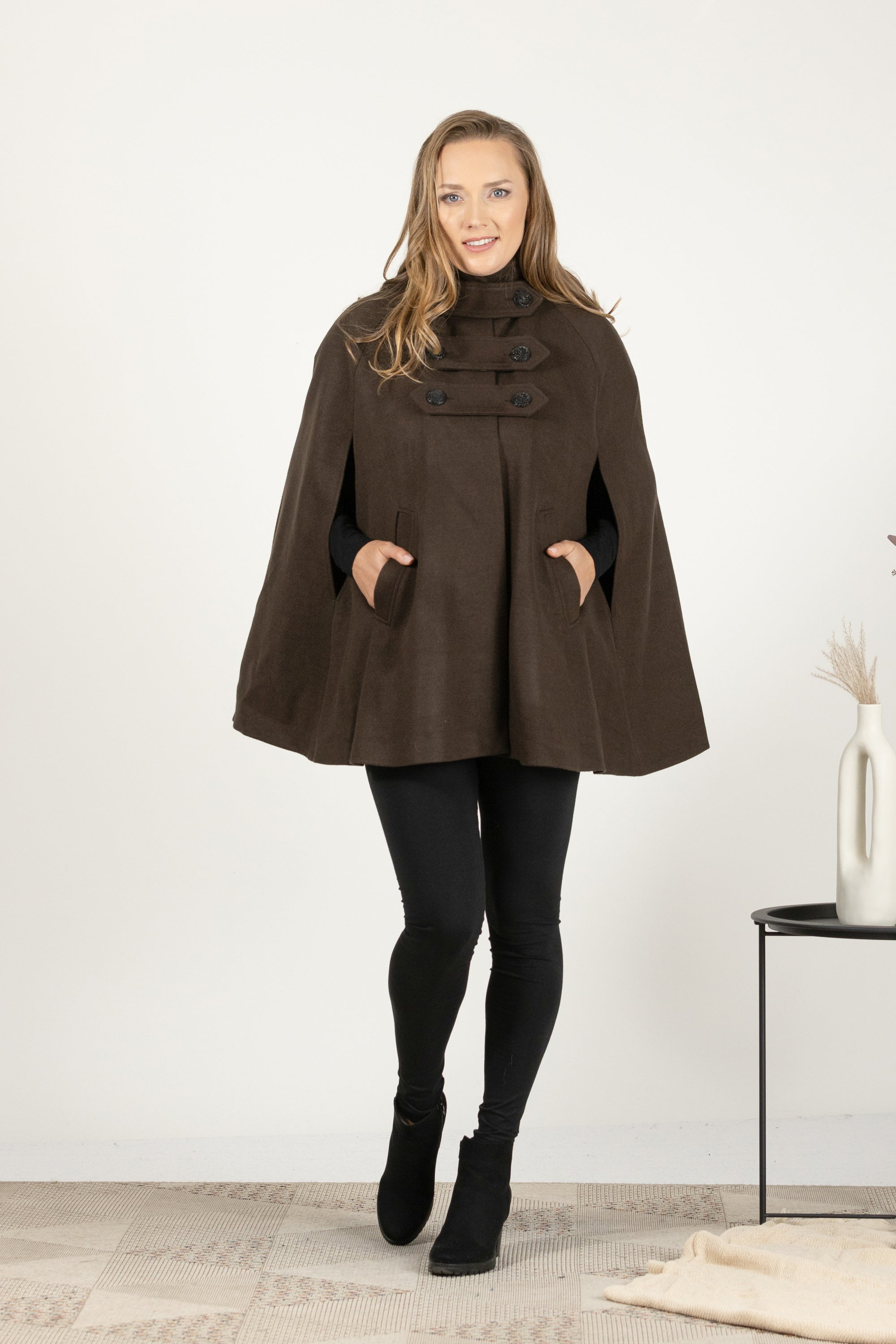 Elegant Brown wool cape coat with hood and buttons for every days