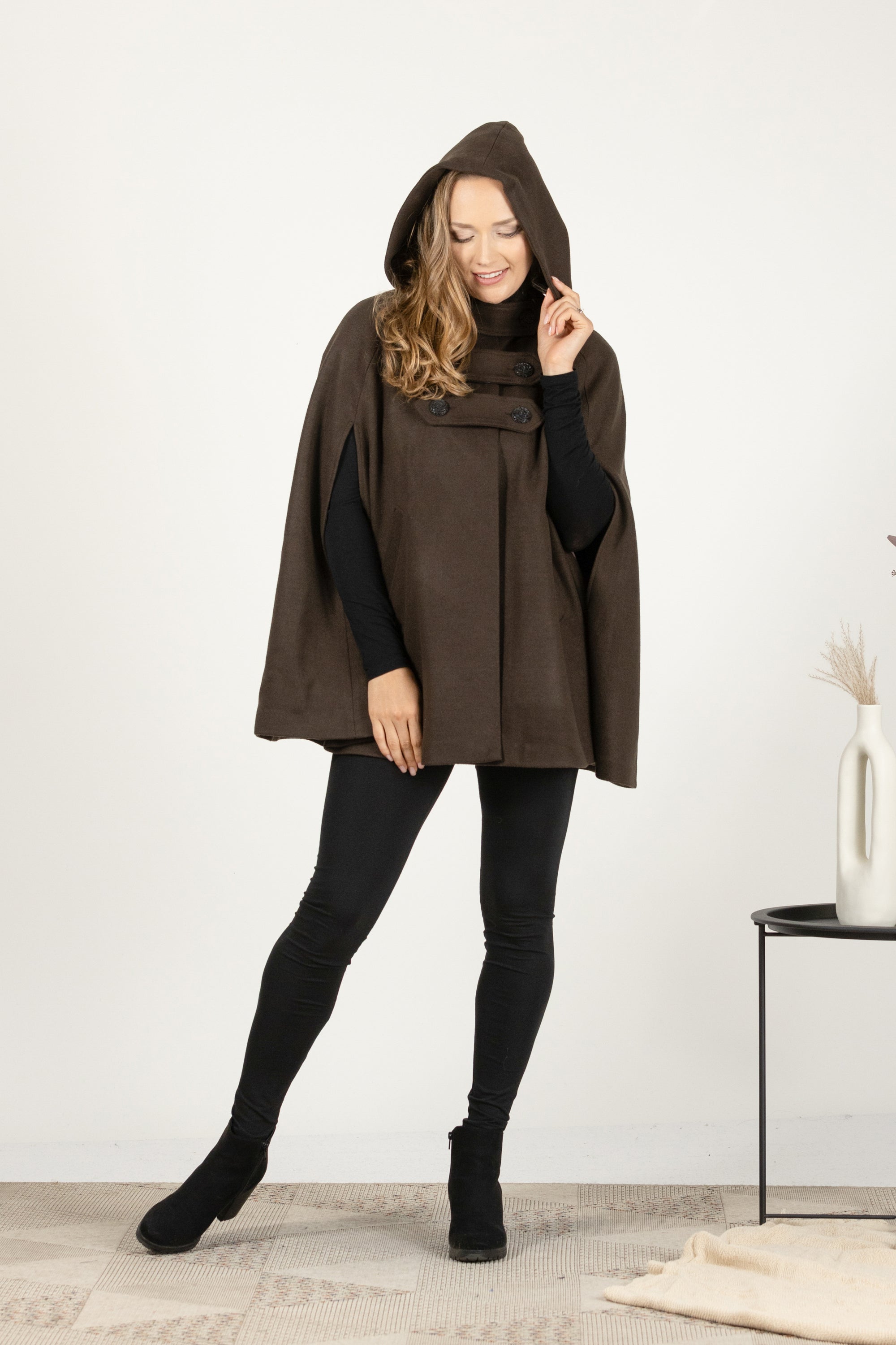 Brown wool cape coat with hood and buttons