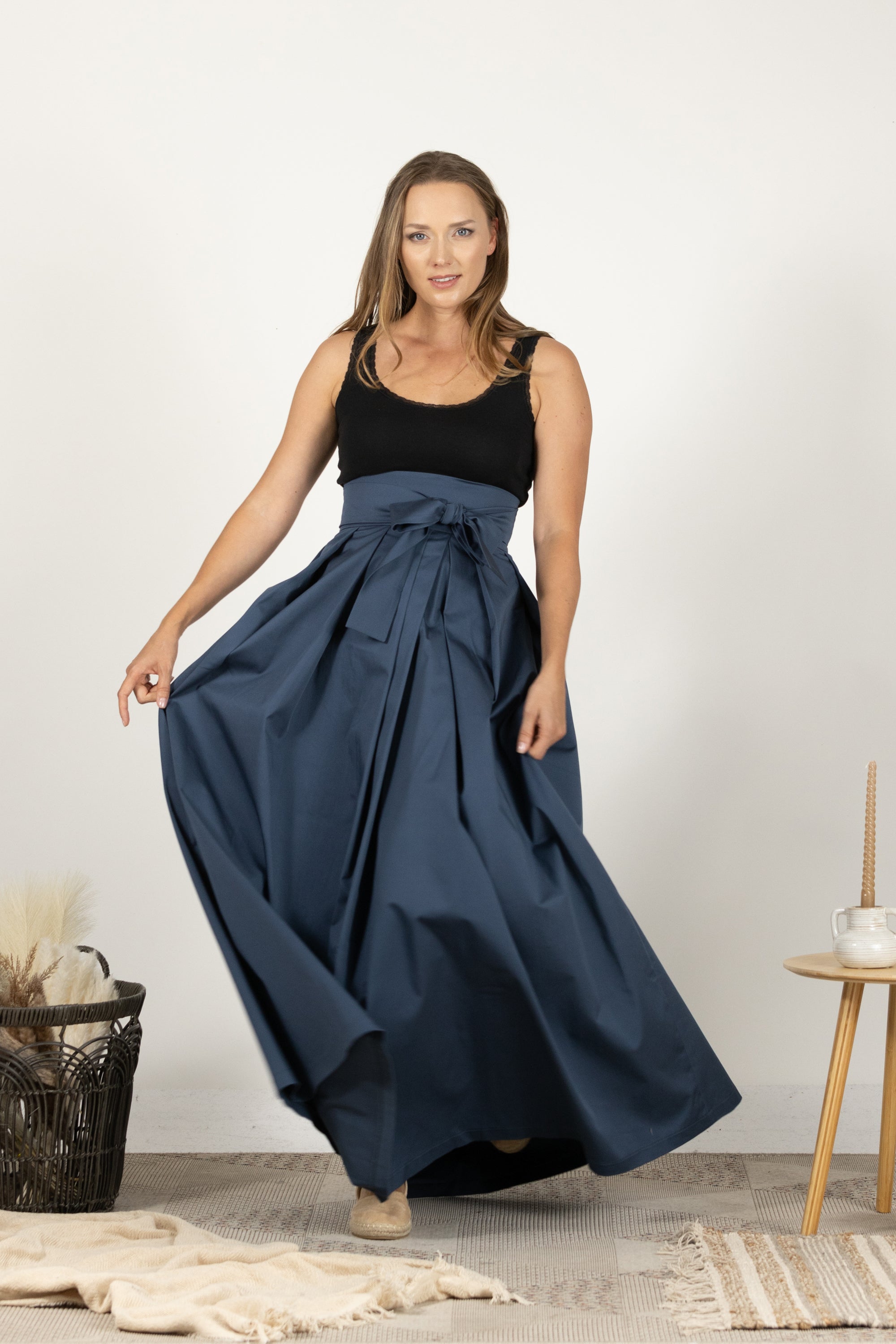 Cotton maxi skirt in sage blue with high waistline