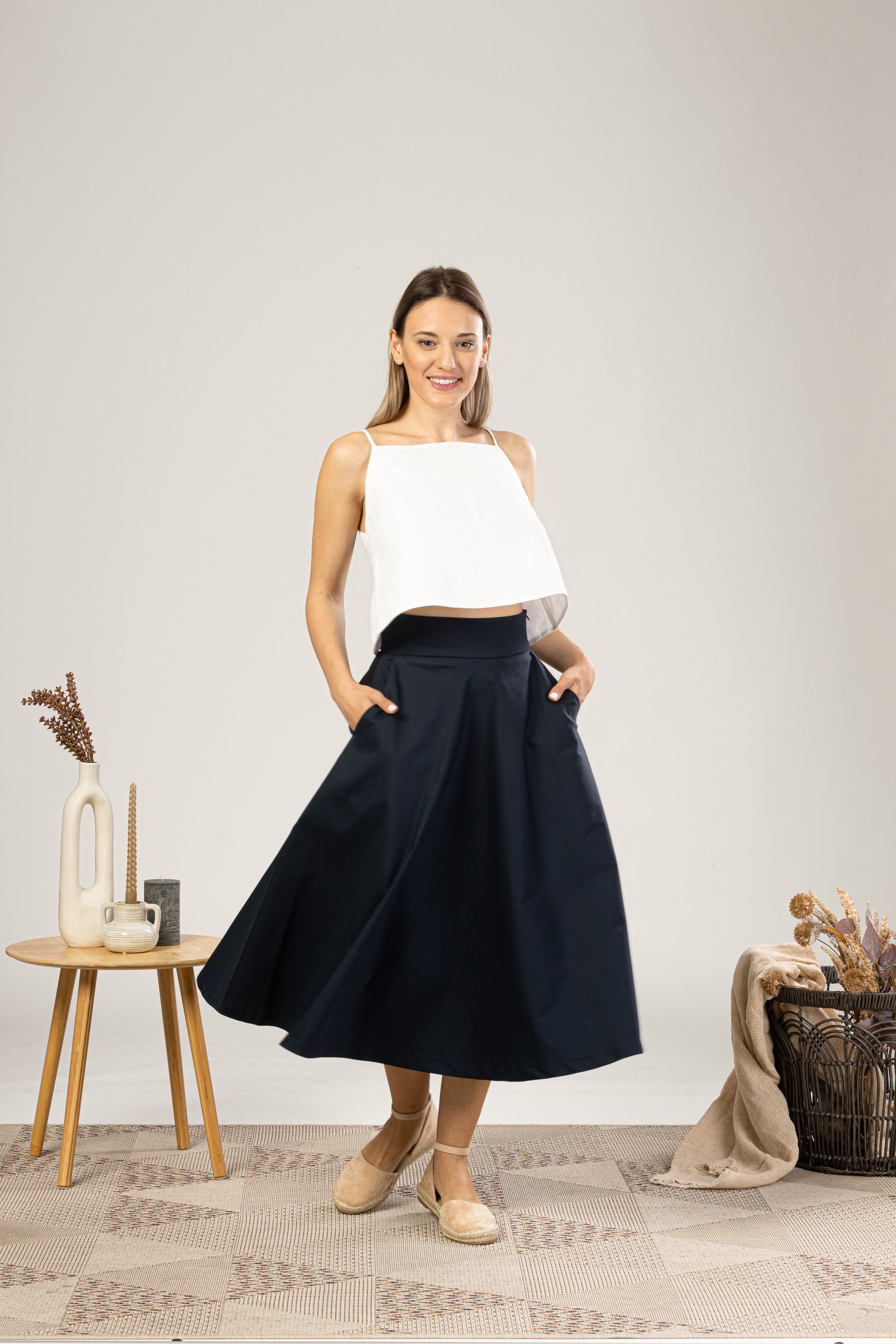 Dark Blue Midi Flared Circle Skirt for everyday summer outfit - from NikkaPlace | Effortless fashion for easy living