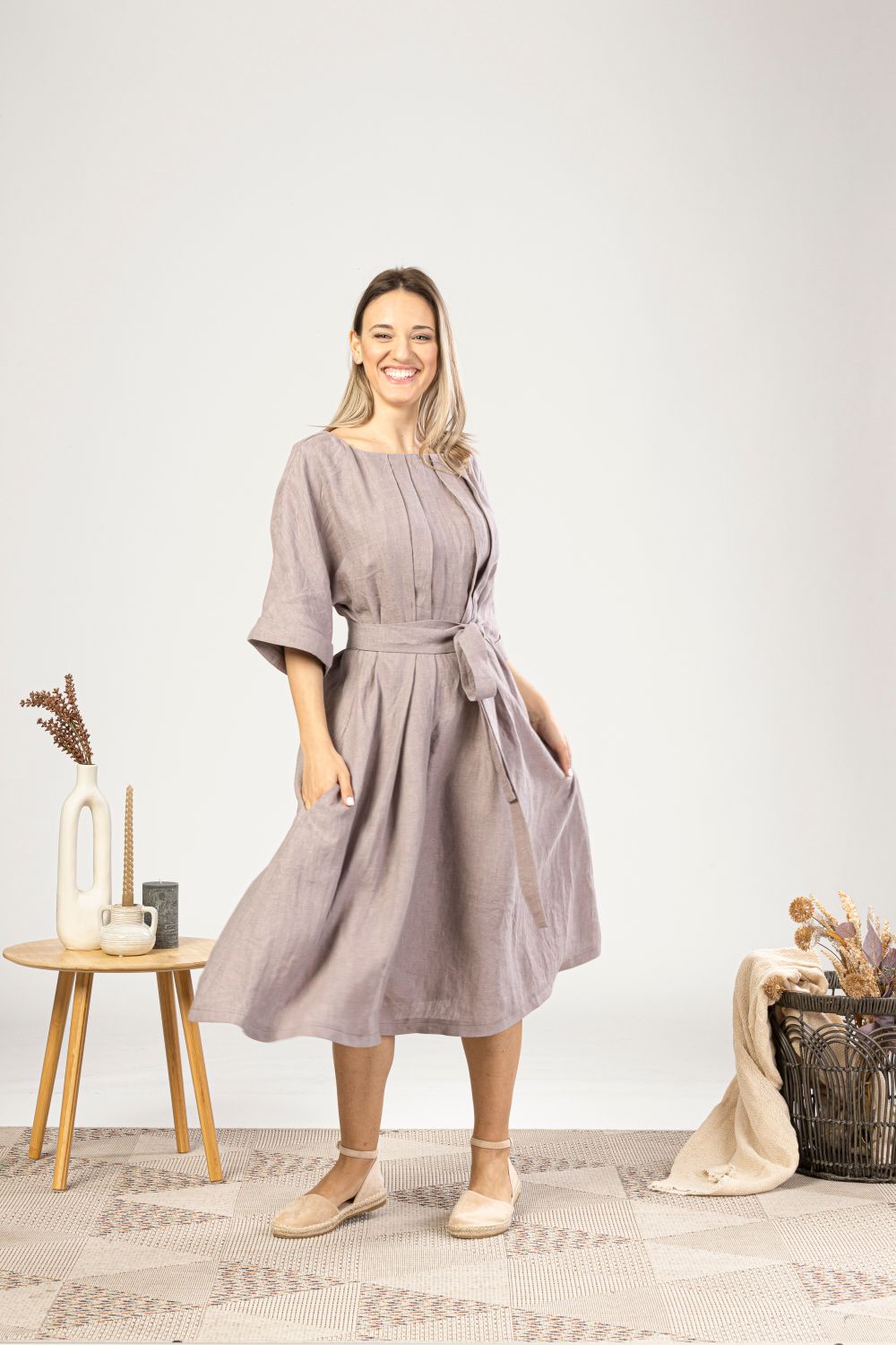 Muted Lavender Midi Linen Belted Dress for comfortable summer days - from NikkaPlace | Effortless fashion for easy living