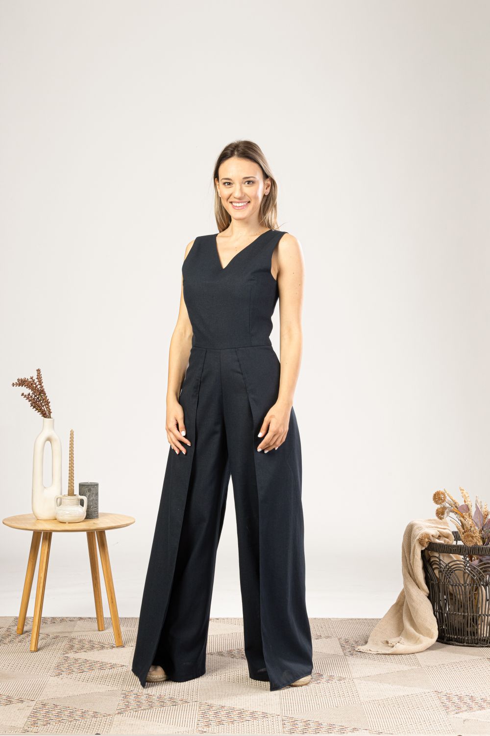 Black Linen Maxi Jumpsuit with Flaps ideal for casual or formal wear - from NikkaPlace | Effortless fashion for easy living