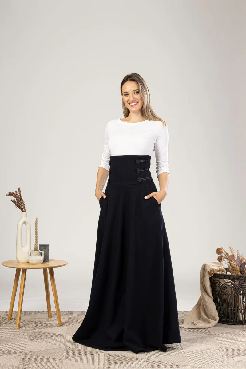 Wool maxi skirt styled with blouse