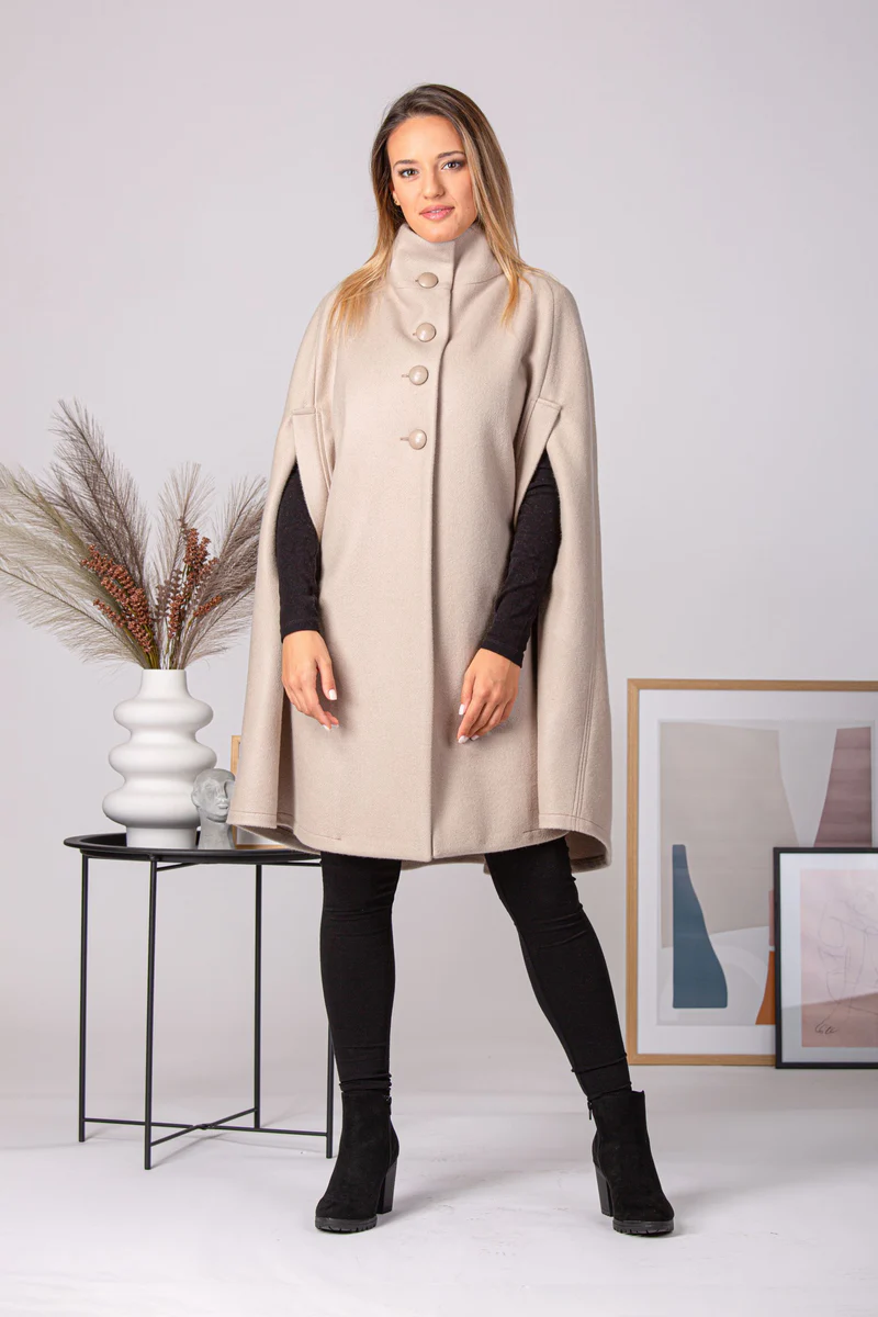 Buttoned wool poncho coat