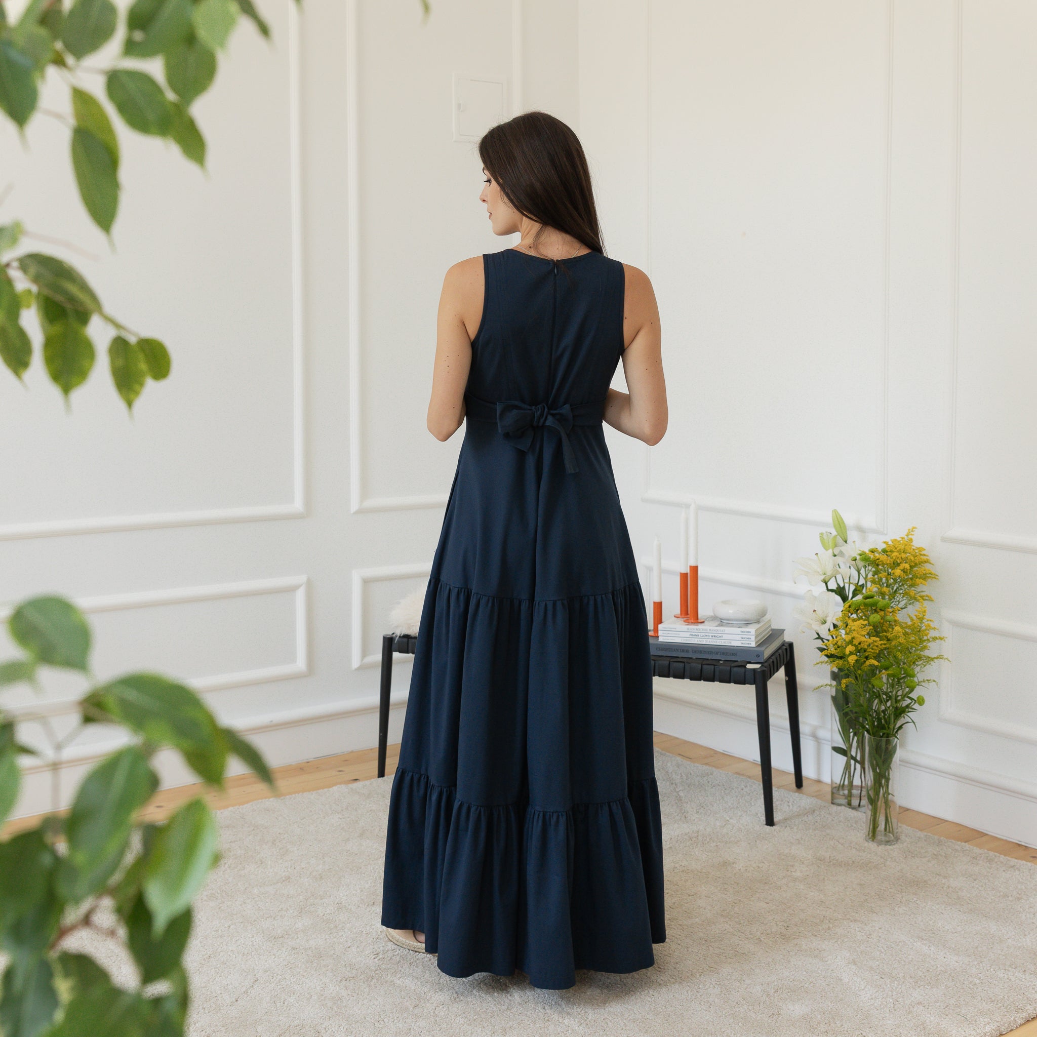 Back view of maxi cotton dress with back tie