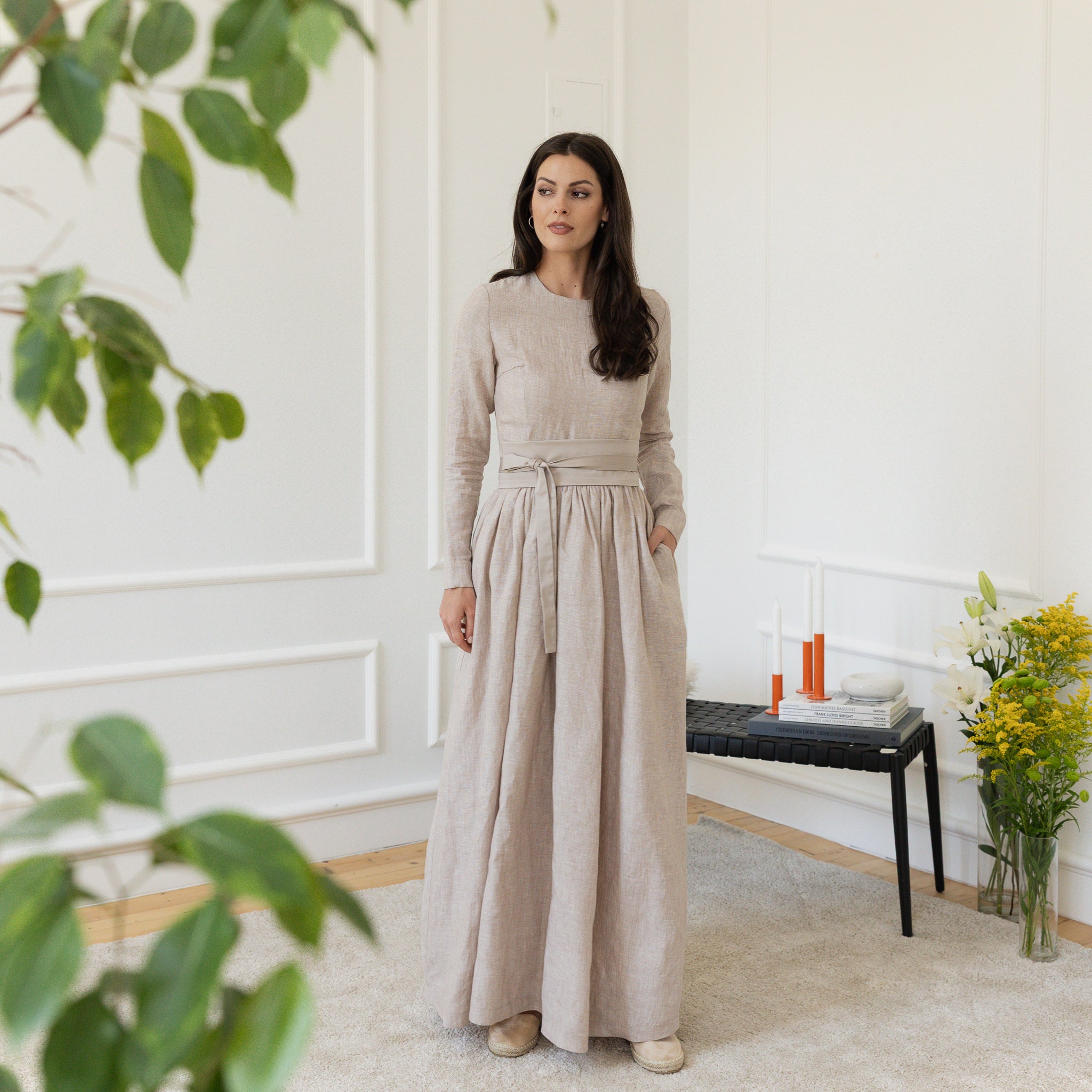 Front view of maxi linen dress with pockets