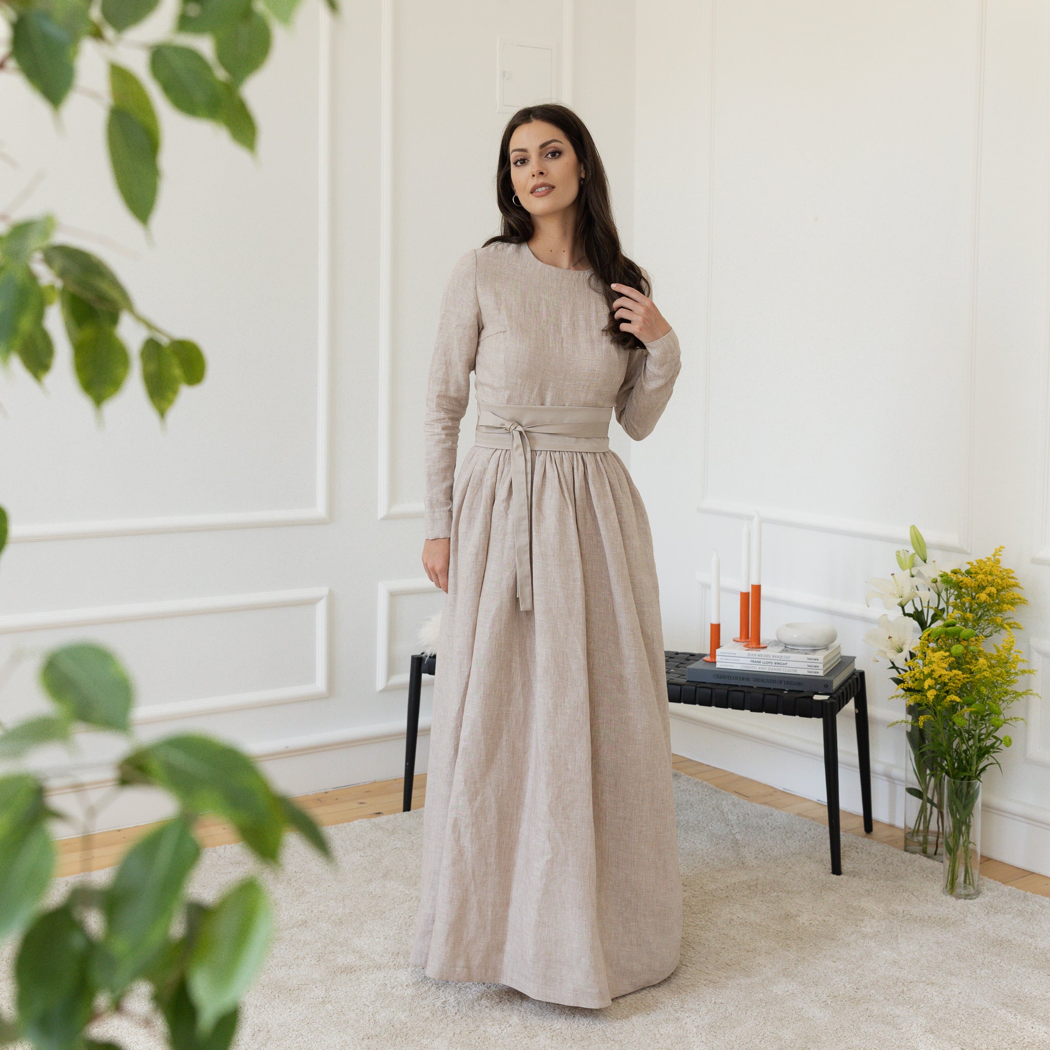 Front view of maxi linen dress