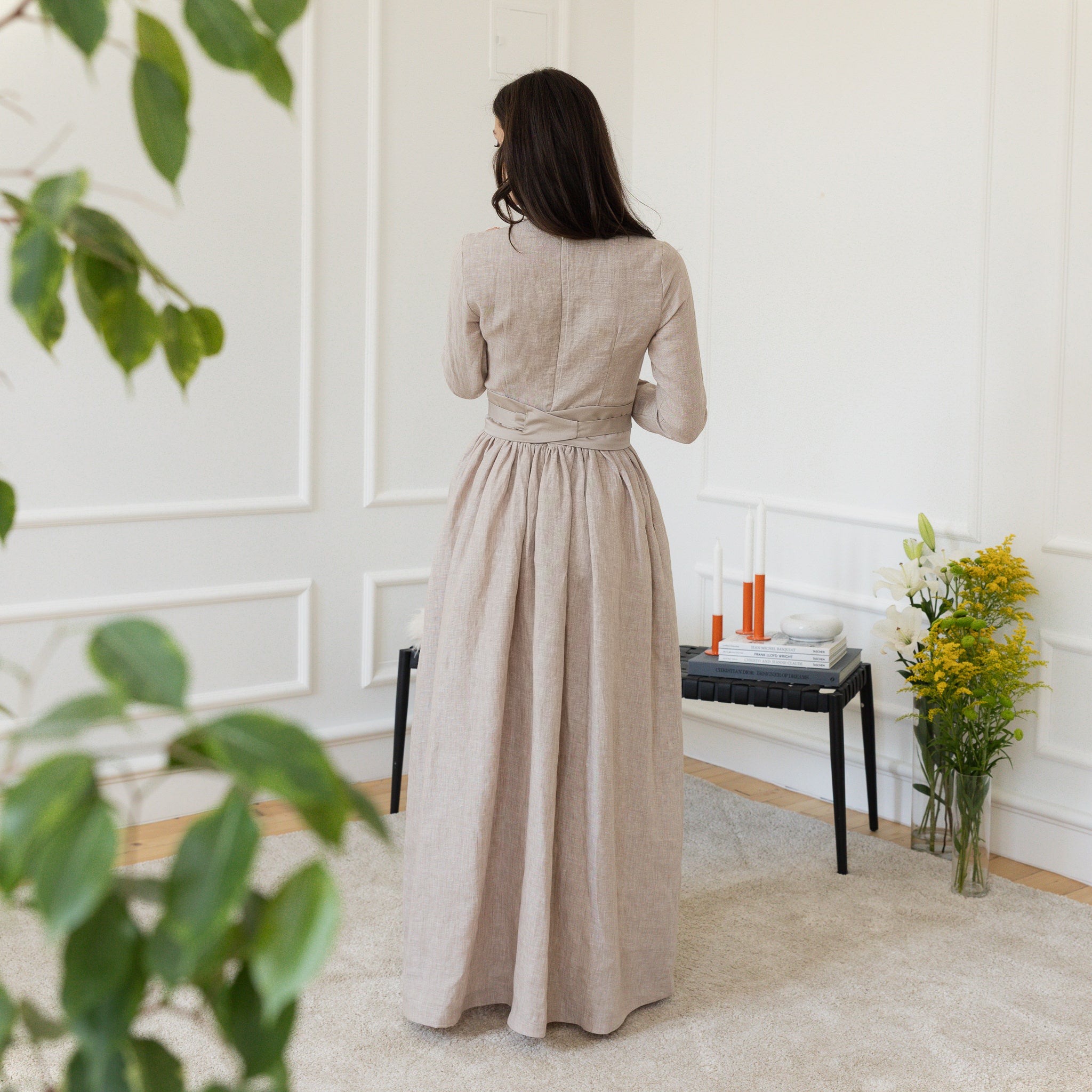 Back view of maxi linen dress in natural color