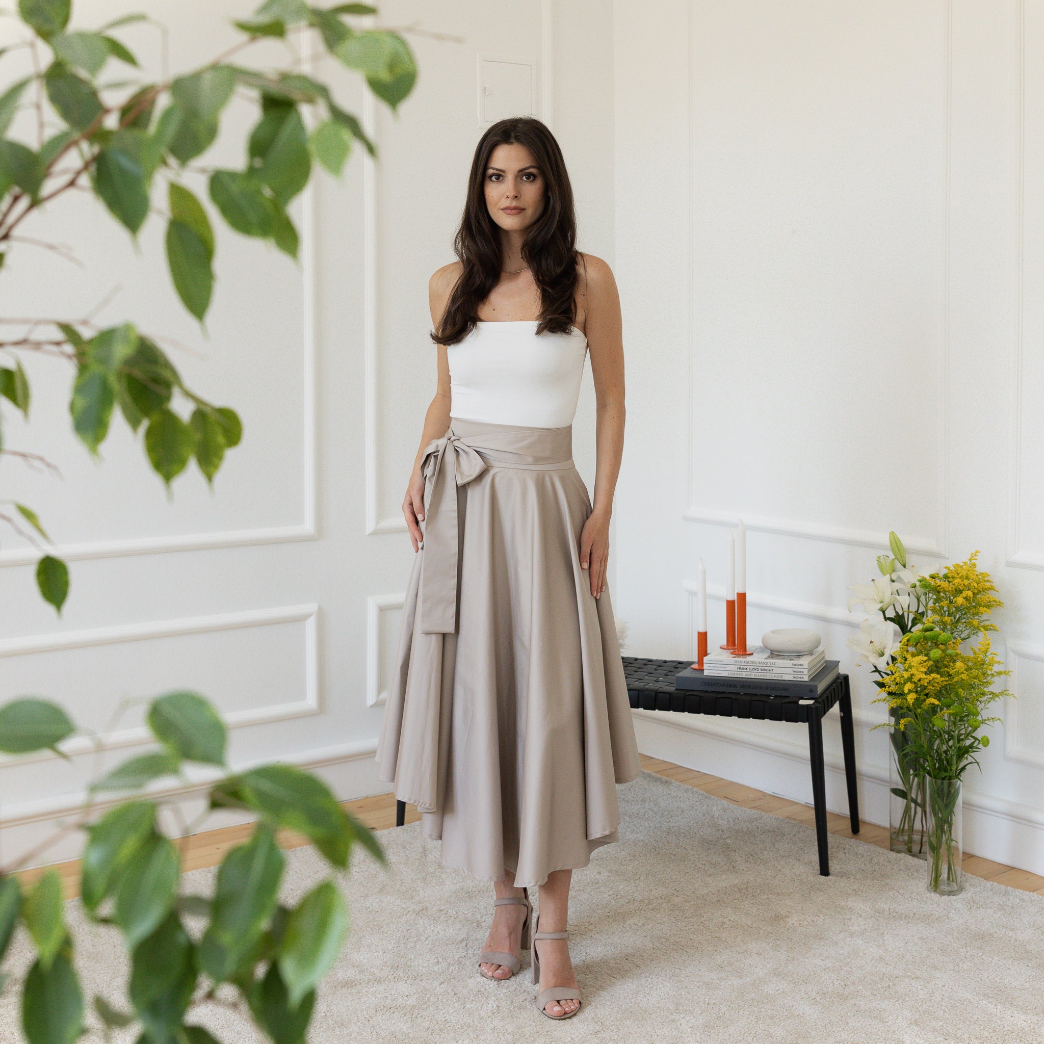 Front view of cotton asymmetric skirt