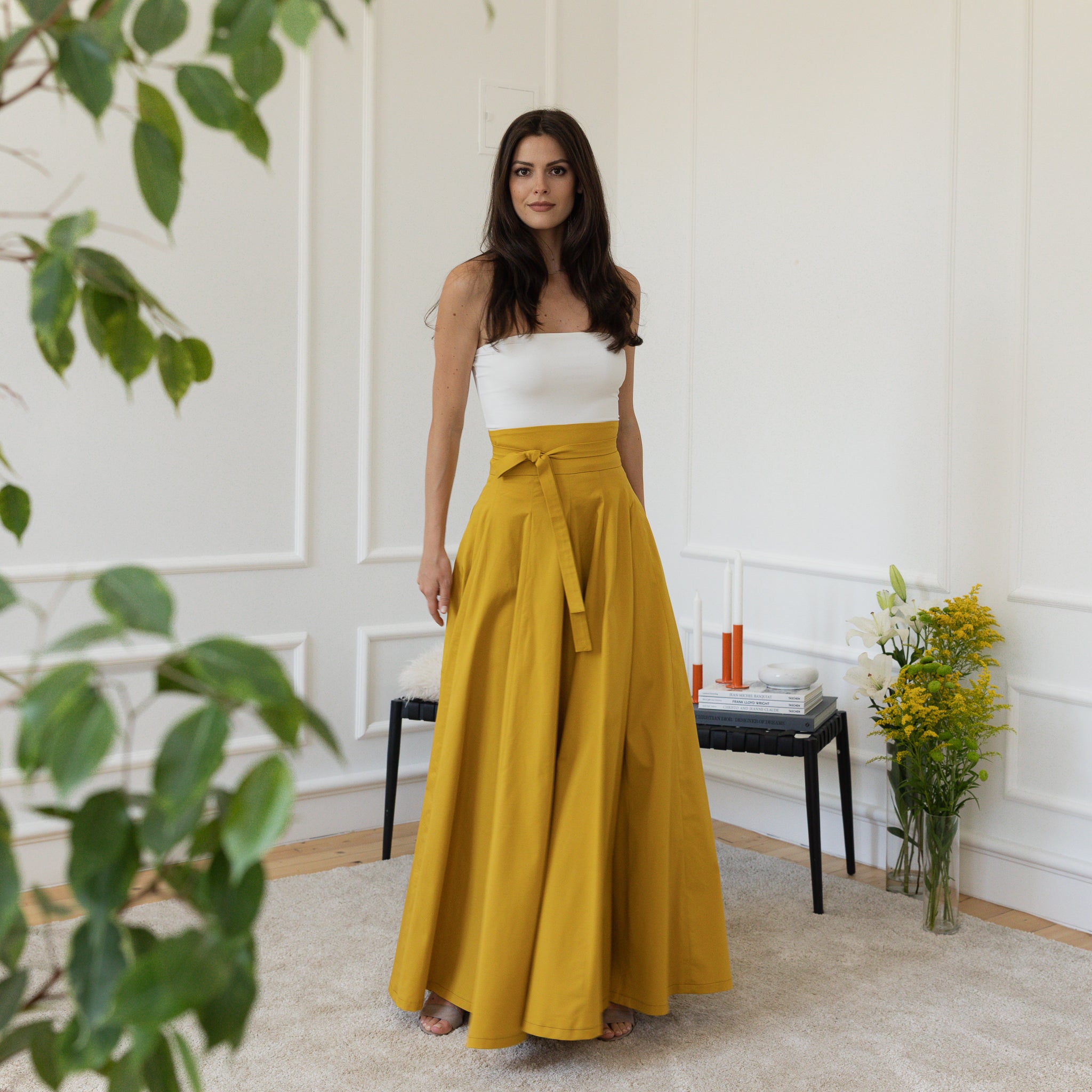 Front view of maxi cotton yellow skirt