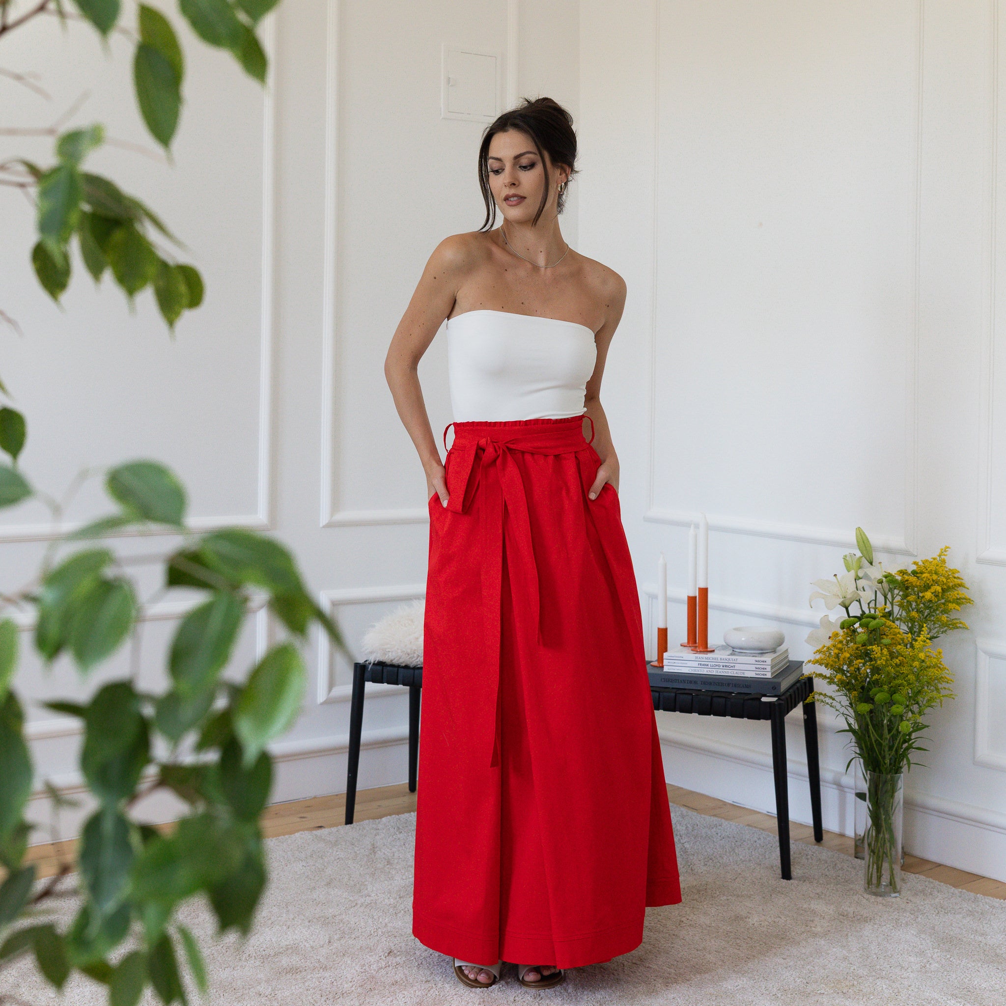 Front view of maxi cotton skirt with pockets