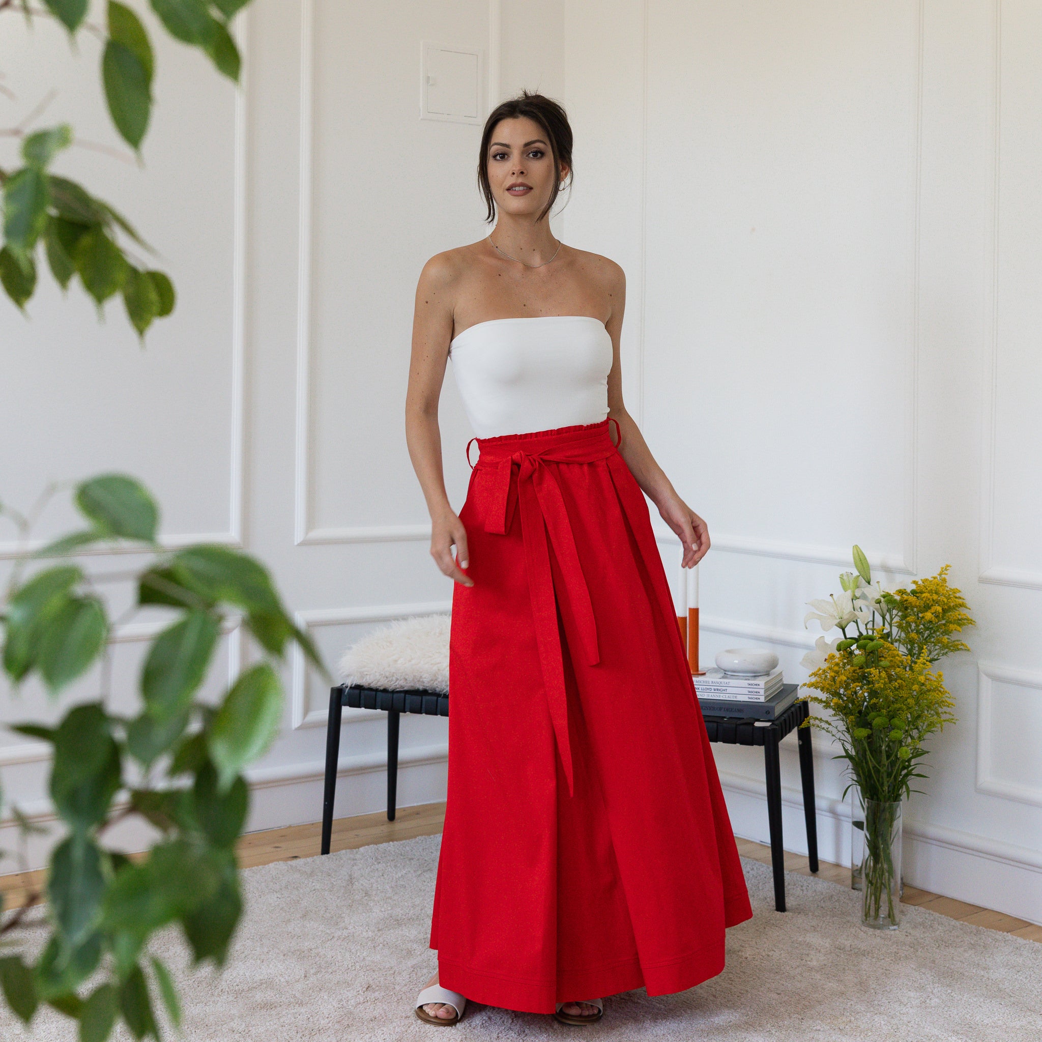 Front view of maxi cotton red skirt
