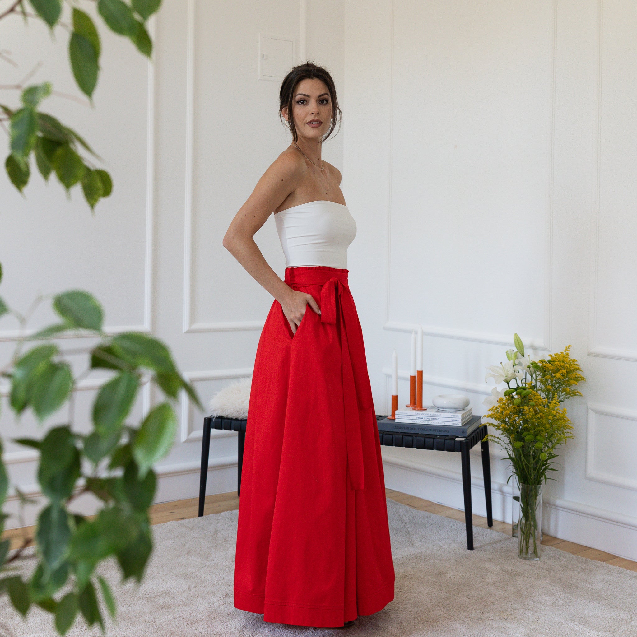 Side view of cotton skirt with bow belt