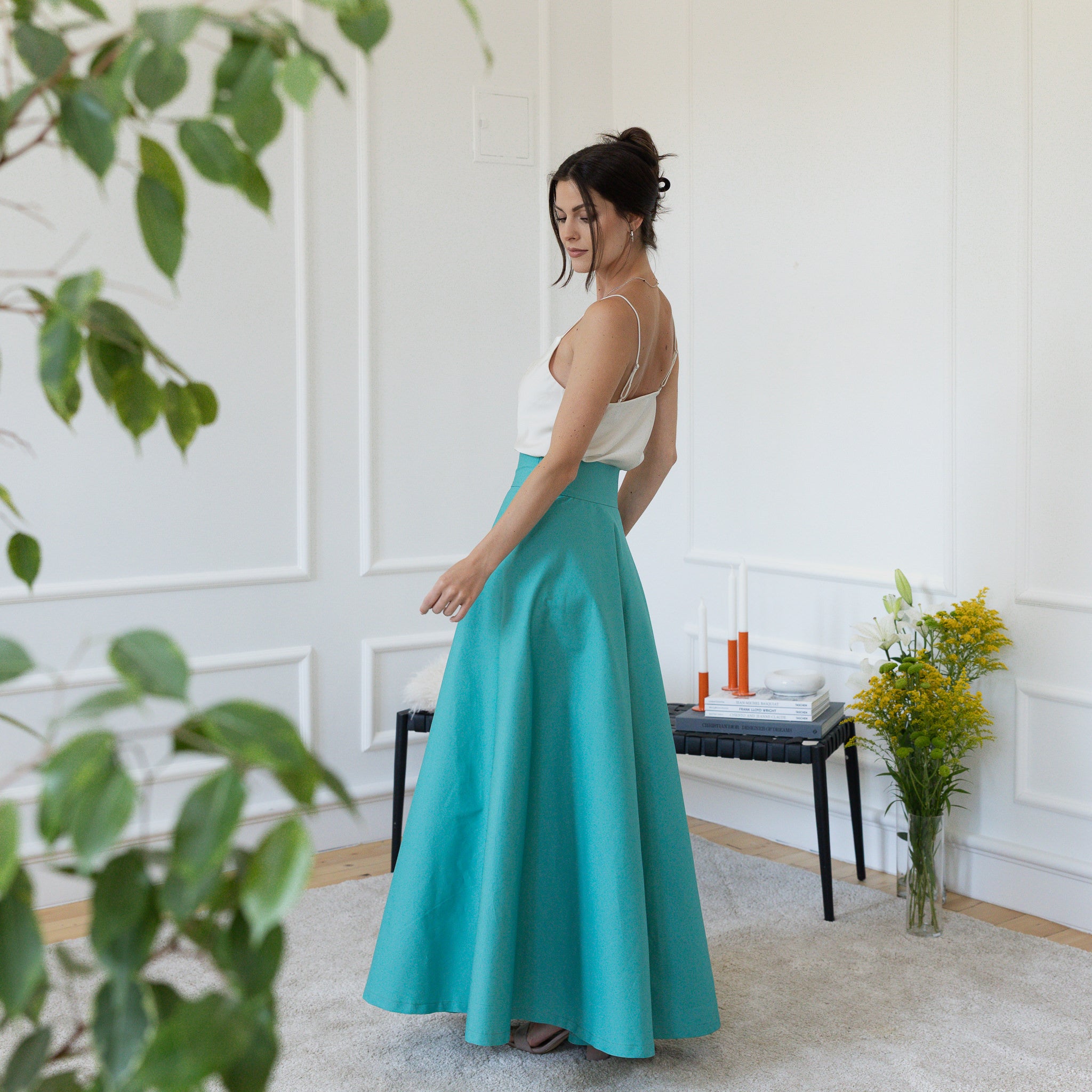 Side view of maxi cotton turquoise skirt