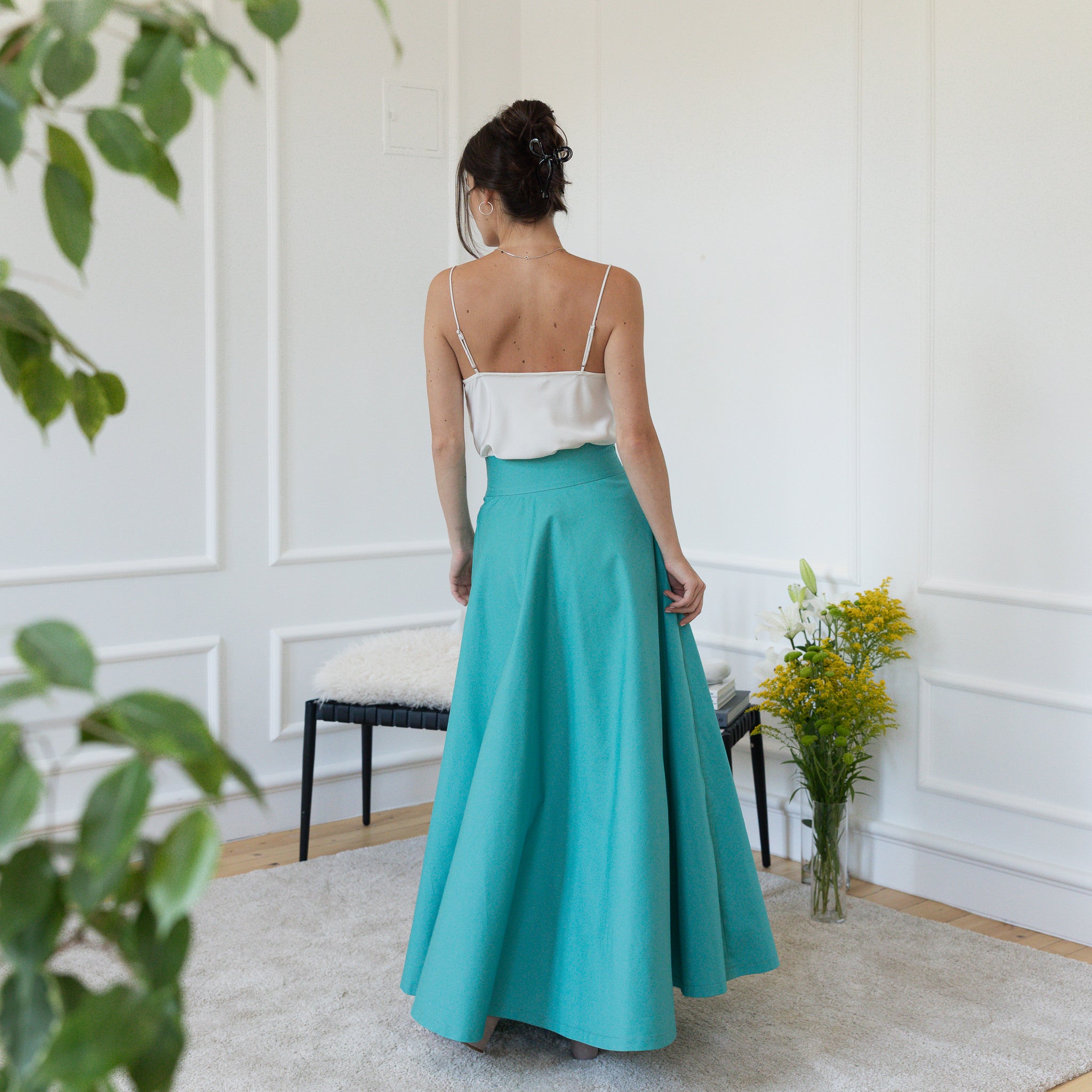 Back view of maxi cotton turquoise skirt