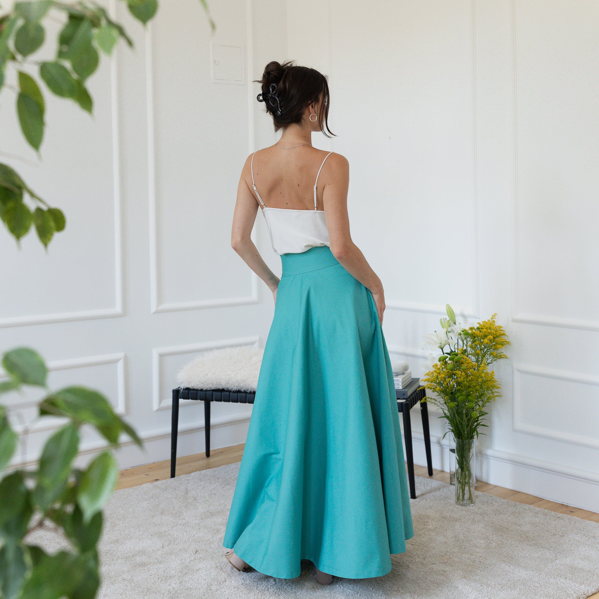 Back view of maxi cotton turquoise skirt