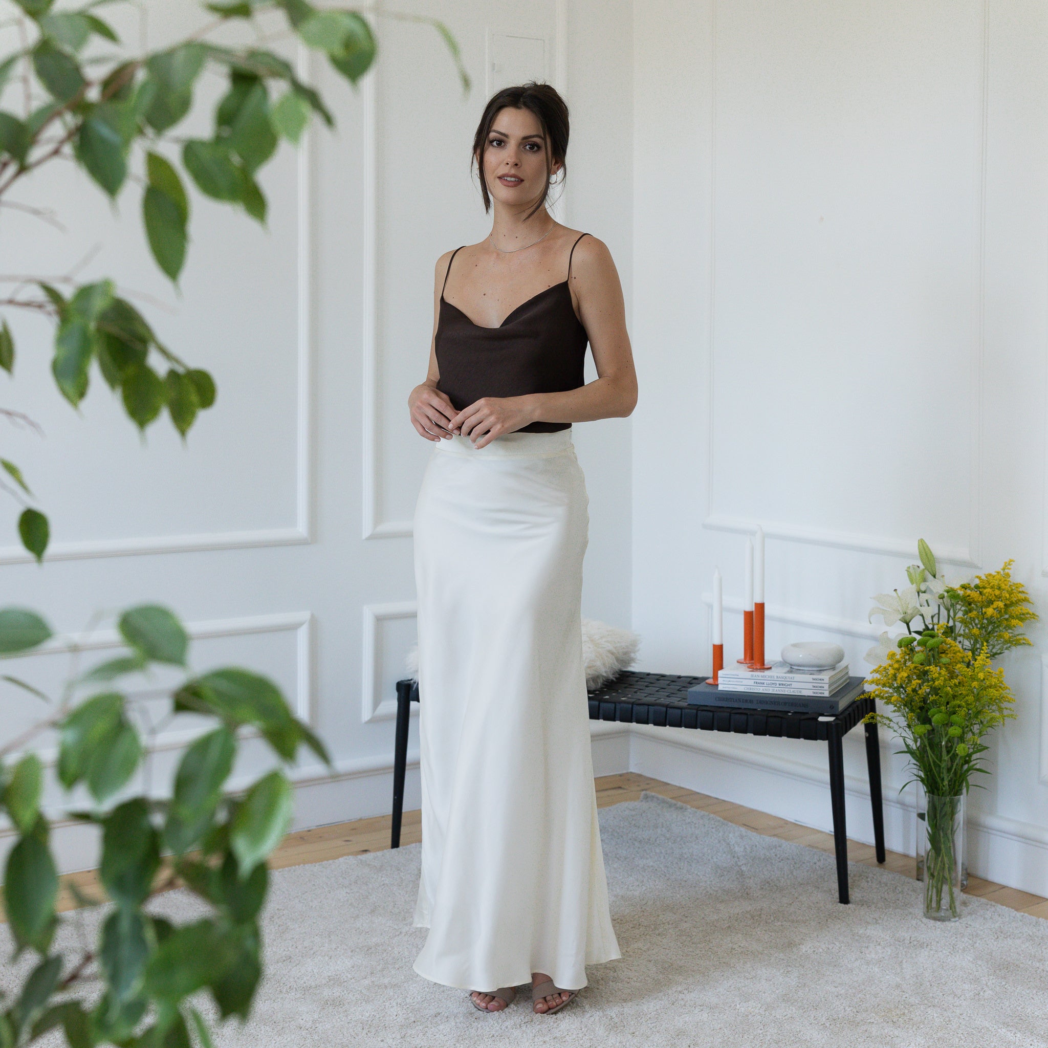 Front view of maxi silk skirt