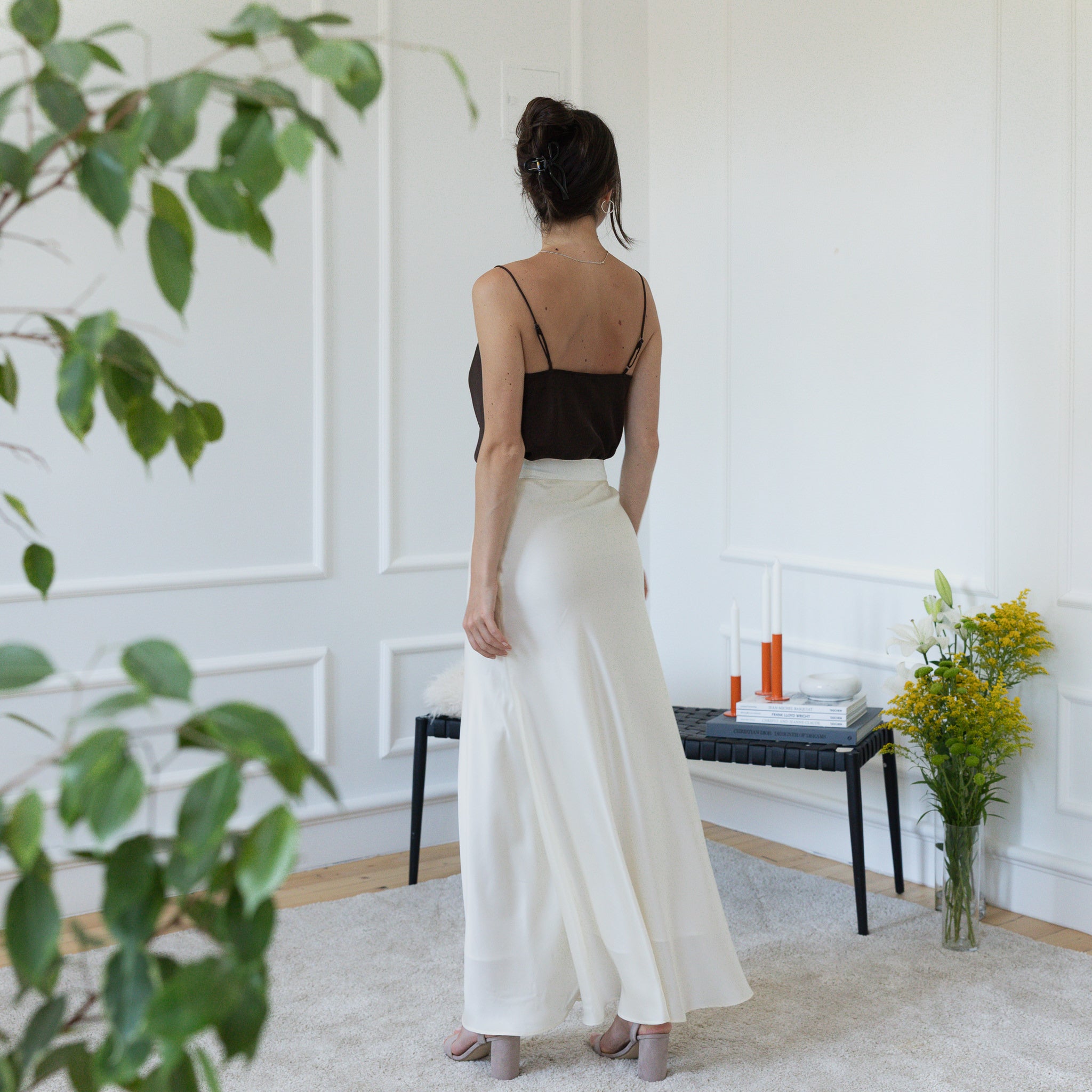 Back view of maxi silk white skirt