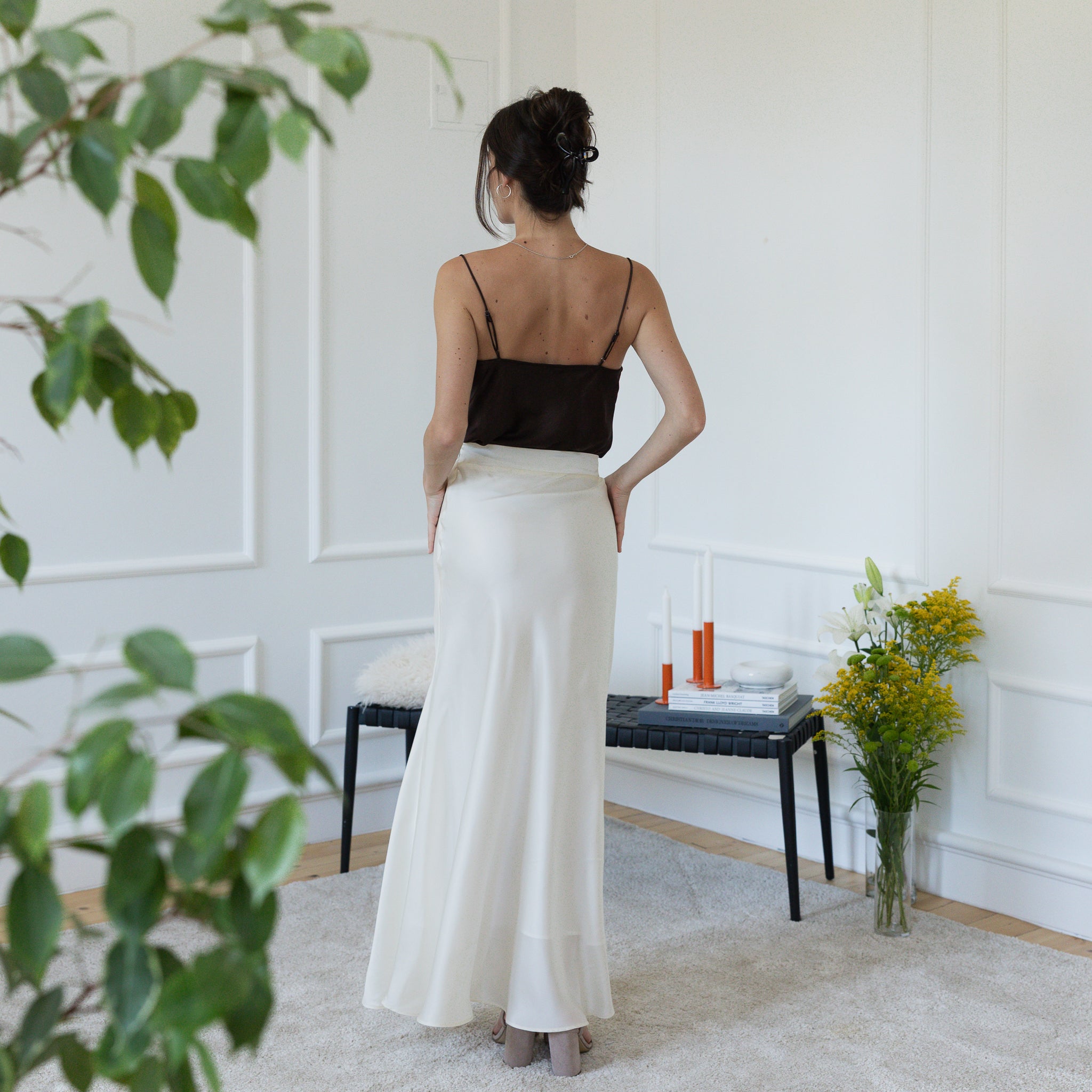 Back view of maxi silk white skirt