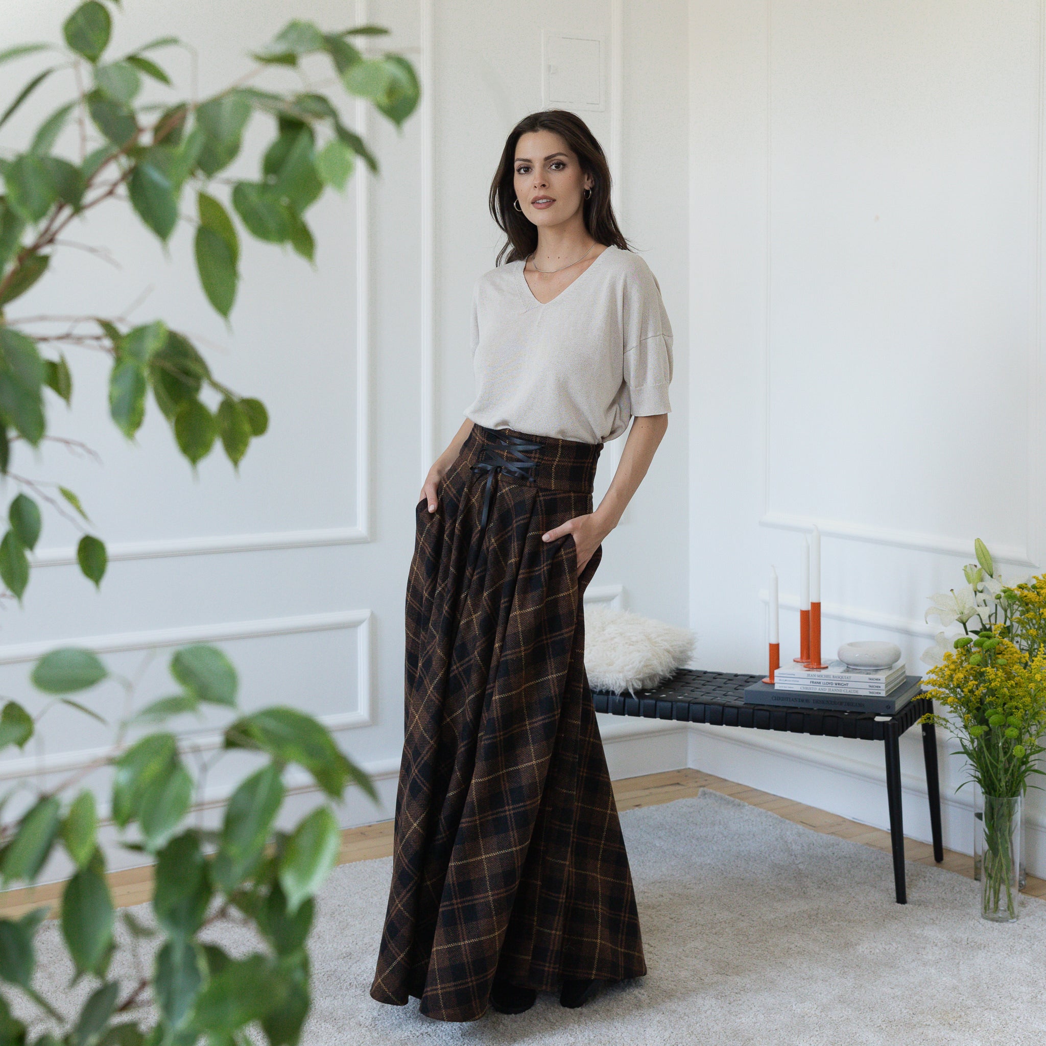 Front view of maxi wool skirt