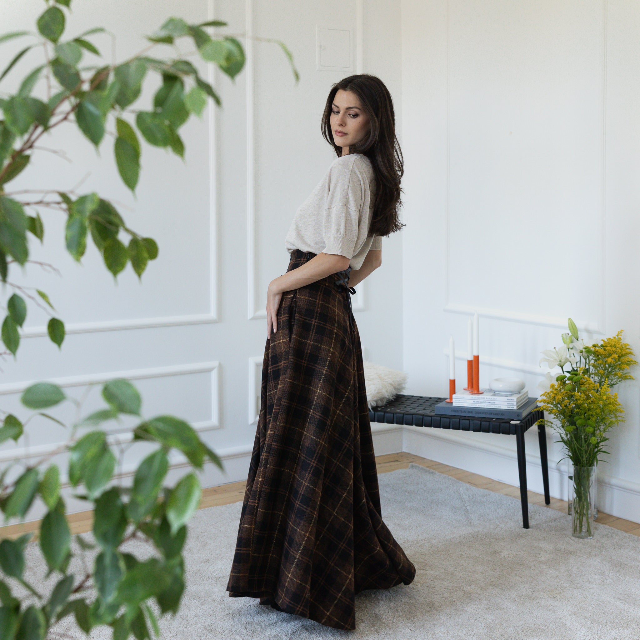 Side view of dark brown maxi wool skirt