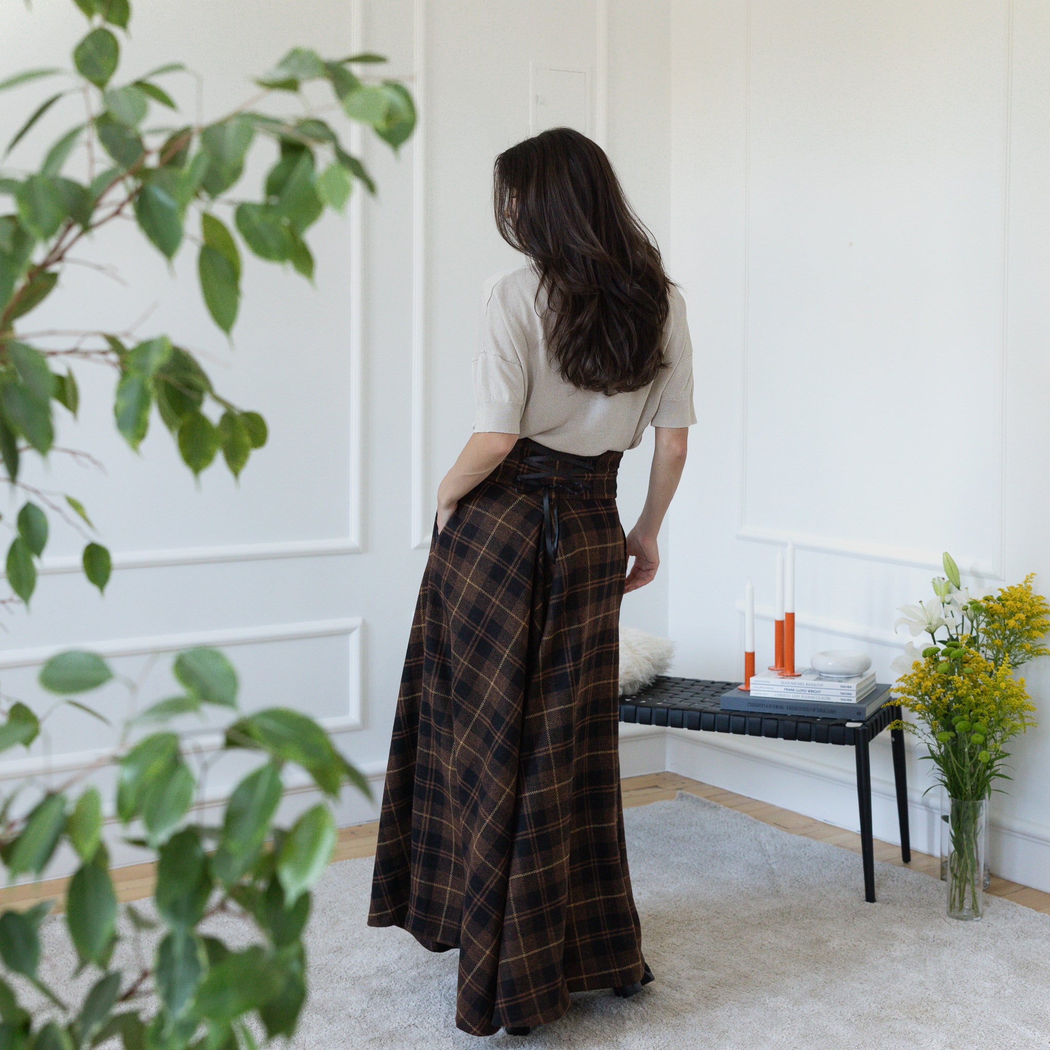 Back view of maxi wool skirt