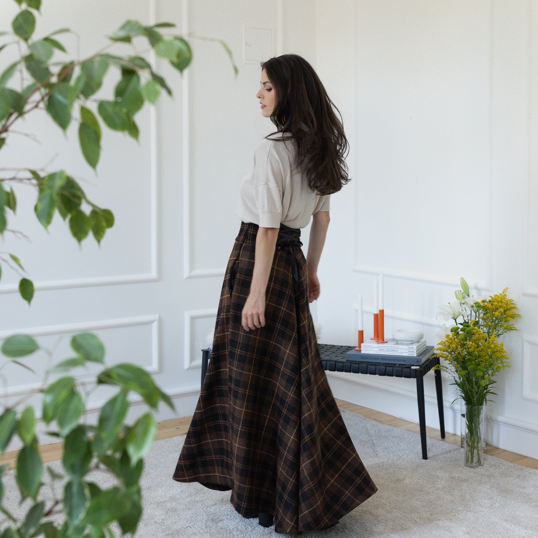 Side view of maxi wool skirt
