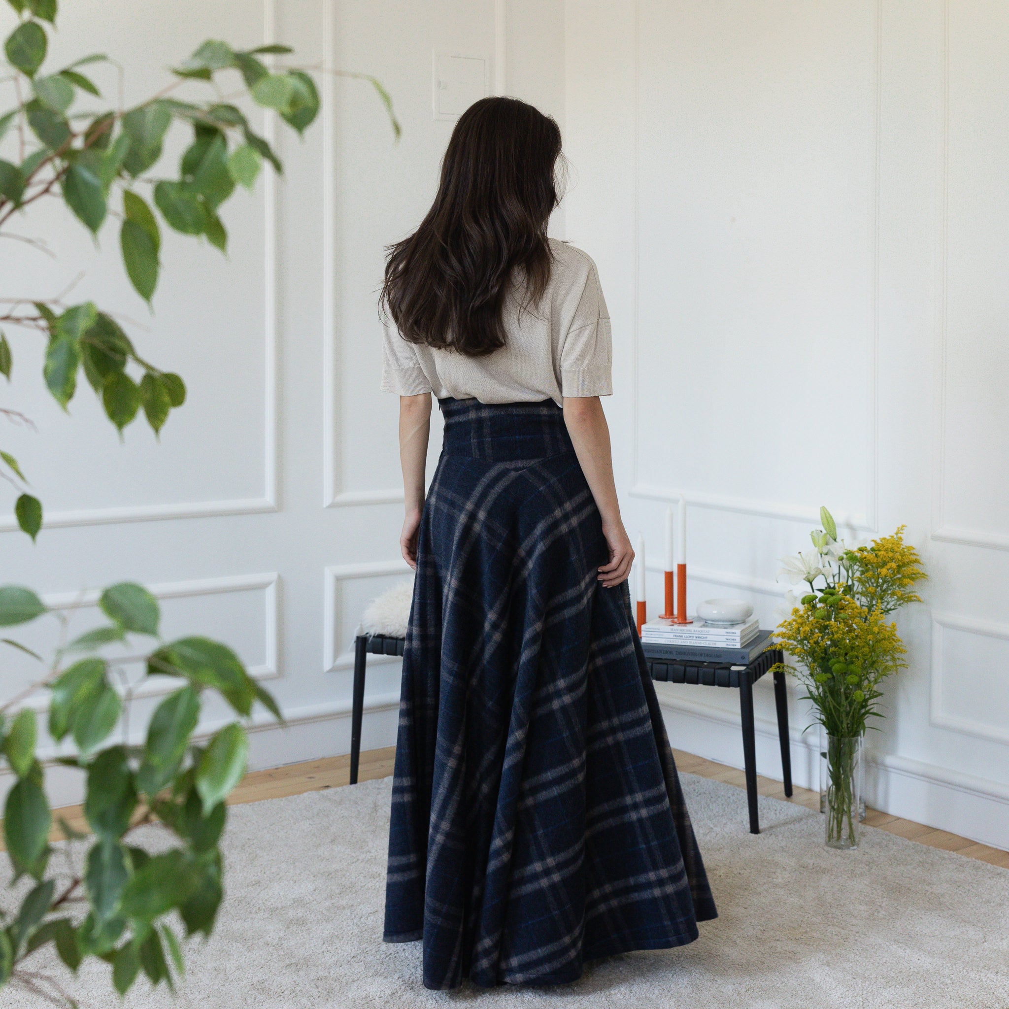 Back view of maxi wool skirt