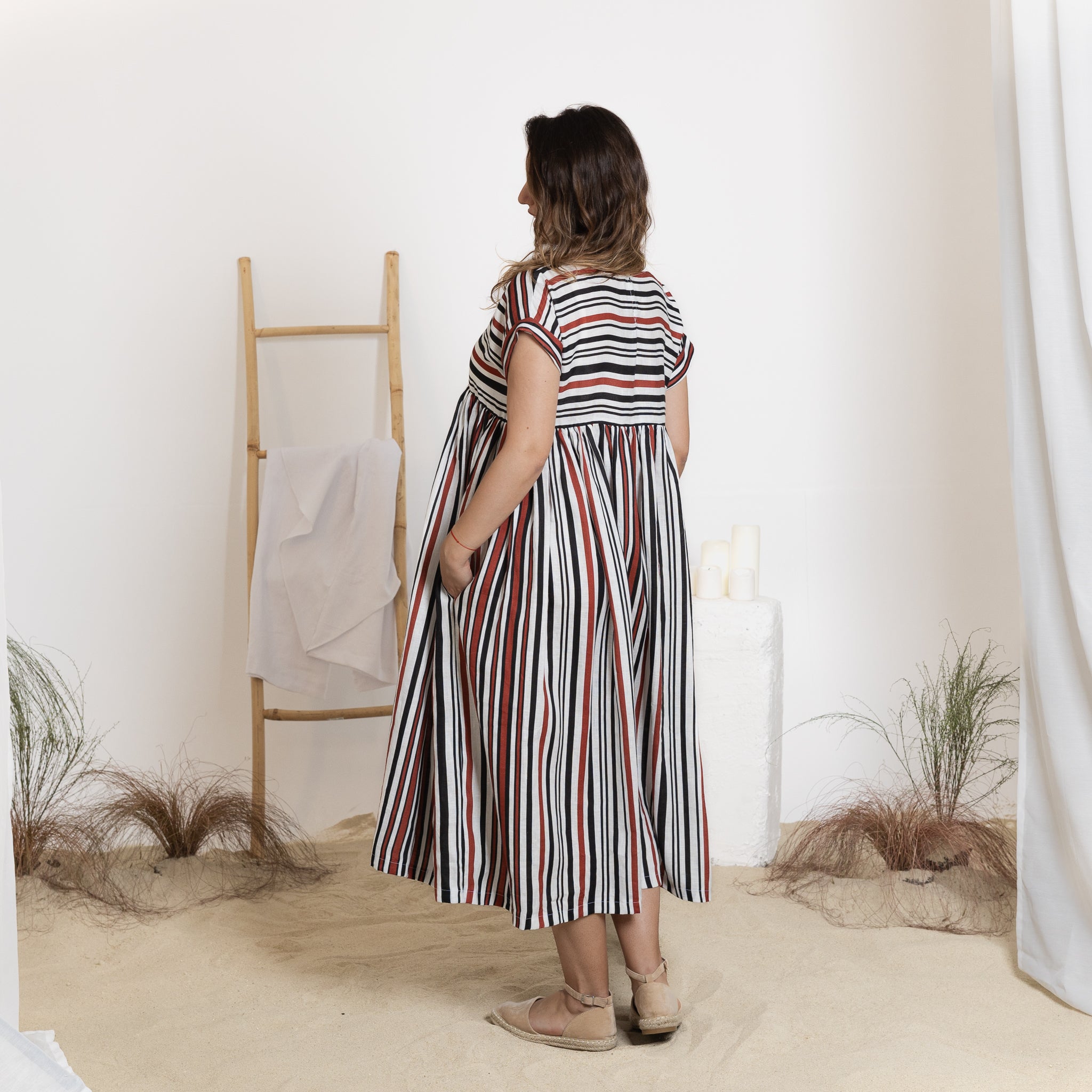 Back view of linen midi dress with pockets