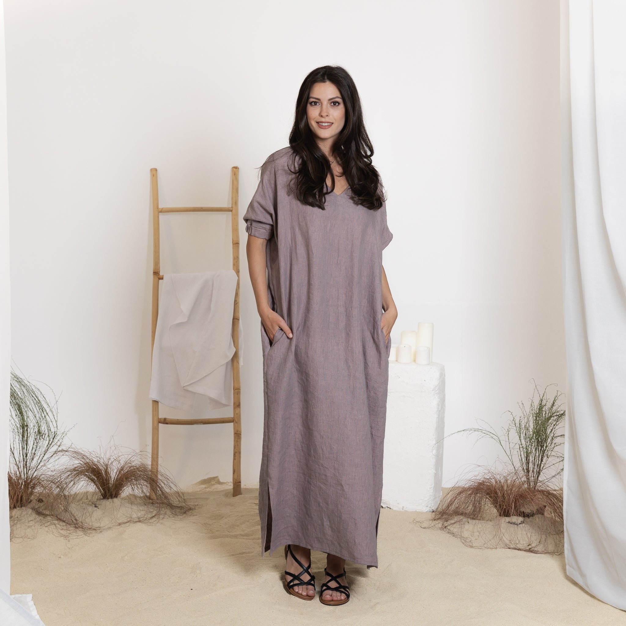 Front View of Maxi Linen Dress with Pockets