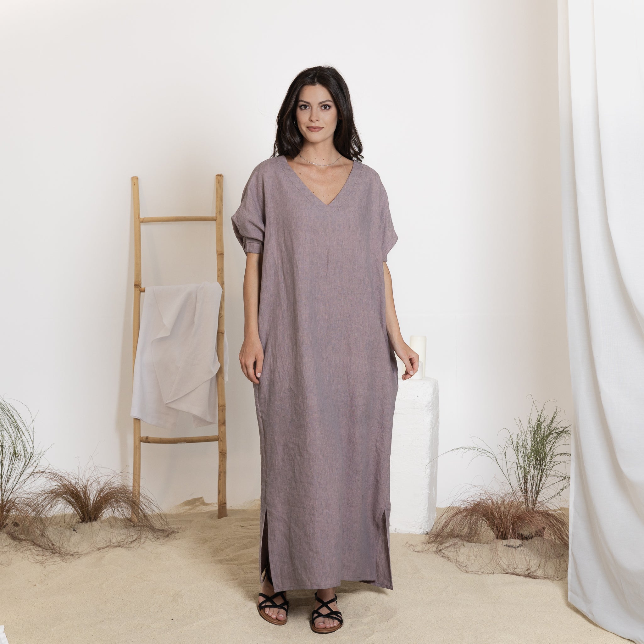 Front View of Maxi Linen Dress With Pockets