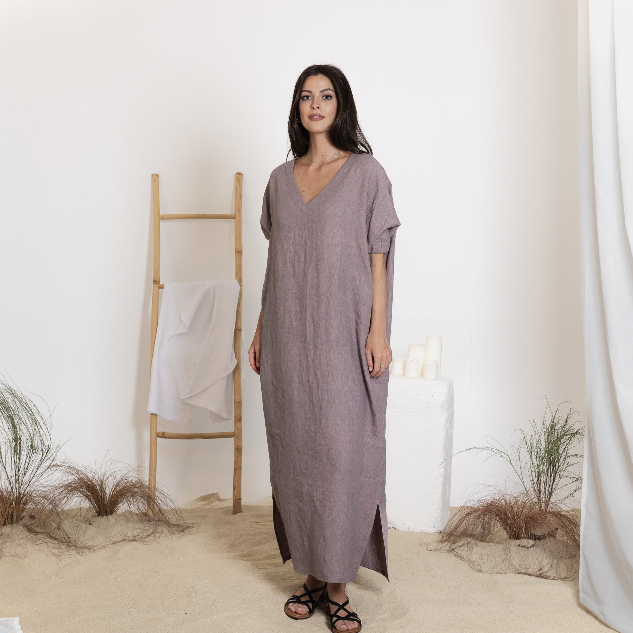 Front View of Maxi Linen Dress with V-neck