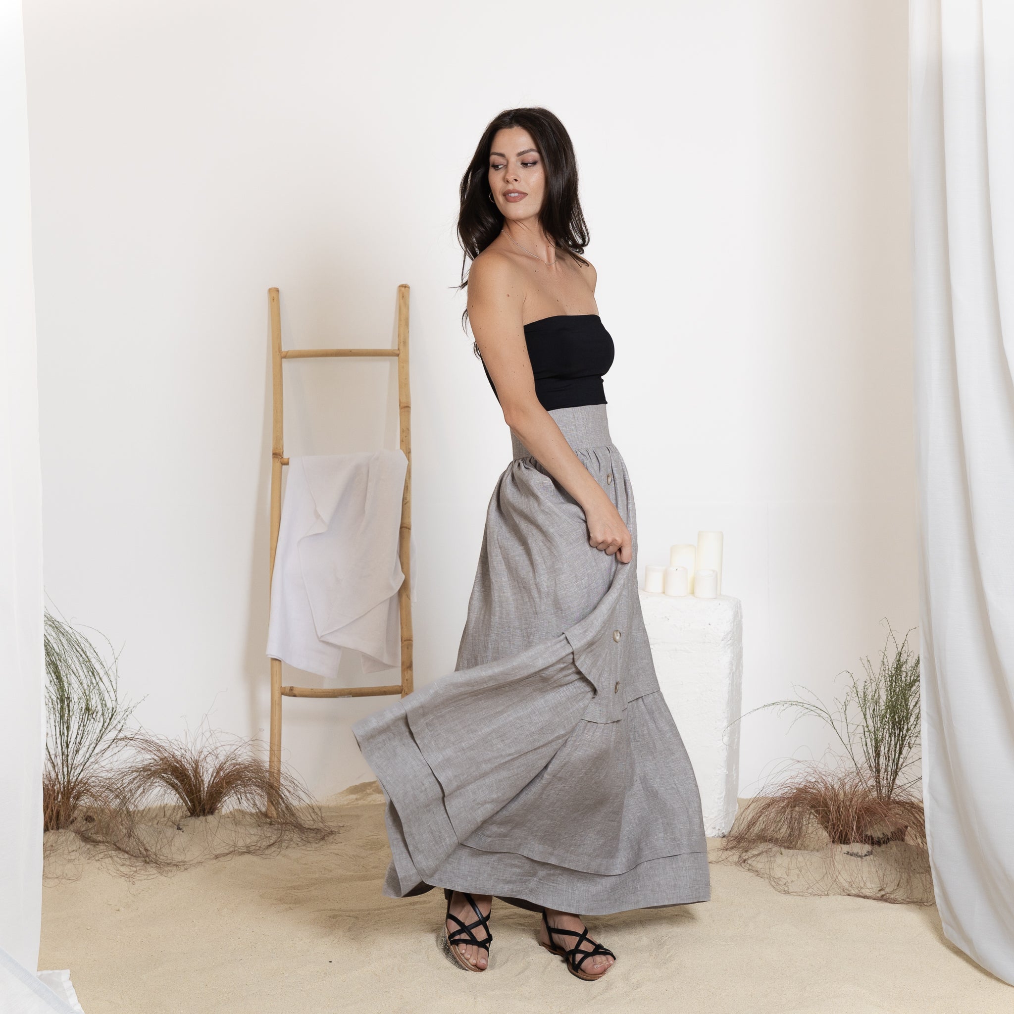 Front View of Maxi Linen Skirt In Gray Melange