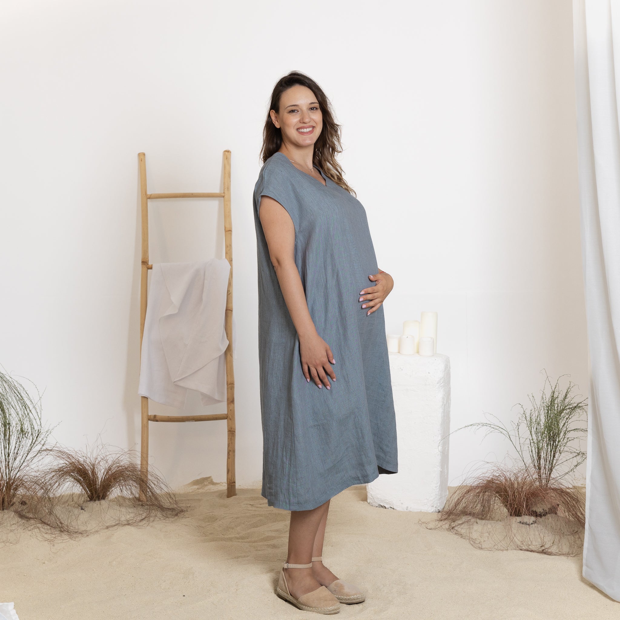 Side view of midi linen dress